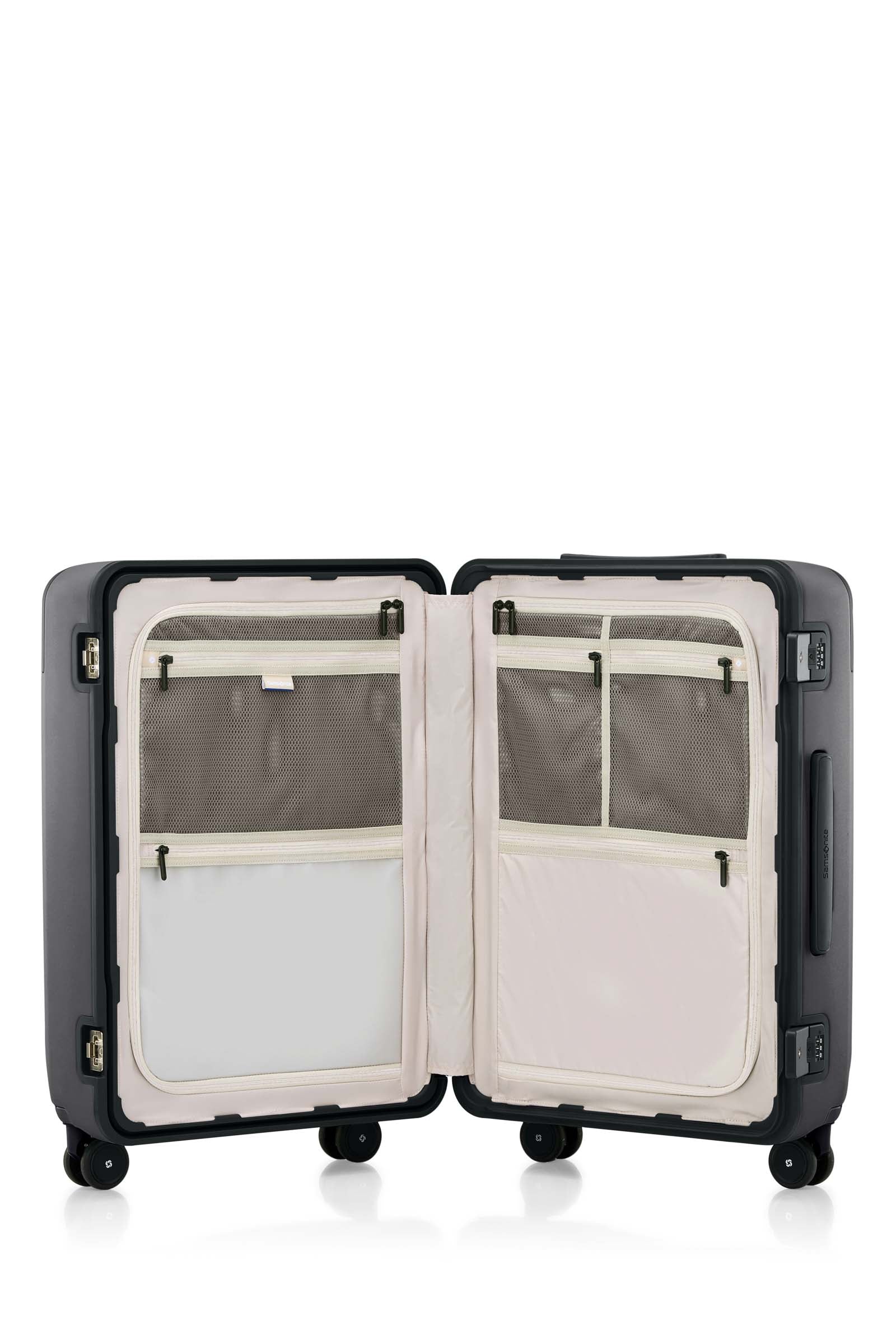 Interior view of the Evox Spinner Medium luggage in Graphite. Shop the Collection Online.