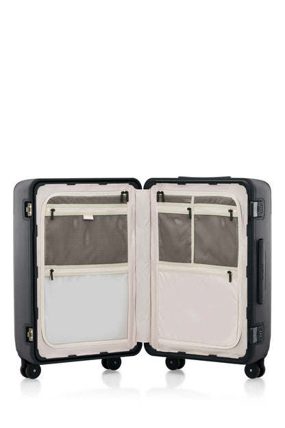Interior view of the Evox Spinner Medium luggage in Graphite. Shop the Collection Online.