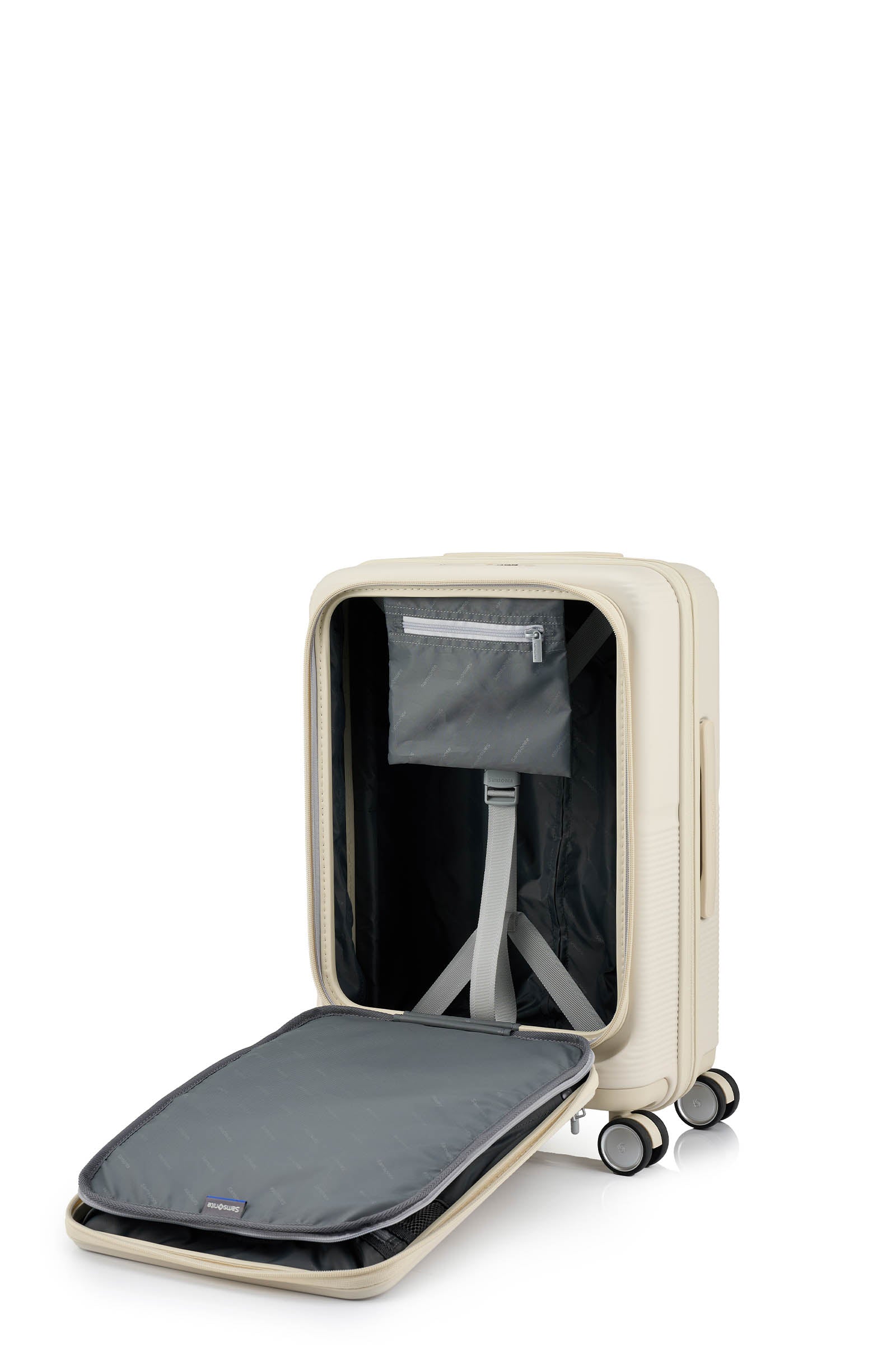 Interior view of the Samsonite Flatform Spinner Cabin in Ivory. Shop the Latest Online