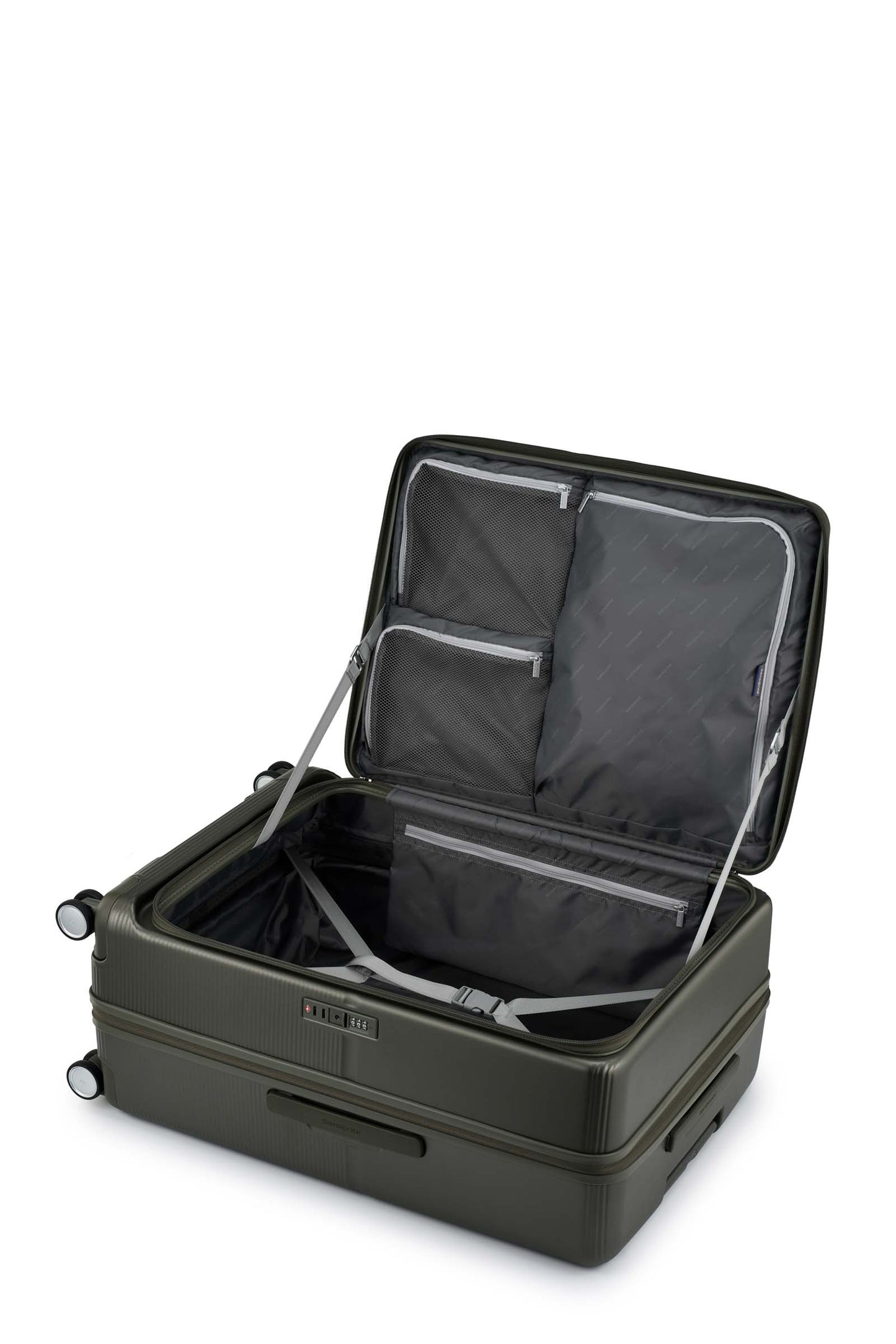 Interior view of the Samsonite Flatform Spinner Large in Dark Moss. Shop the Latest Online