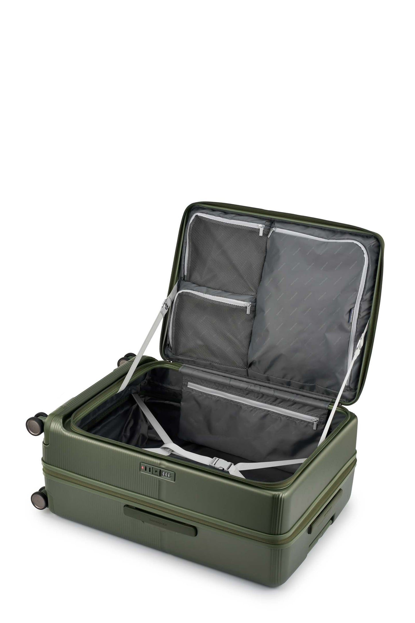 Interior view of the Samsonite Flatform Spinner Large in Metallic Green. Shop the Latest Online
