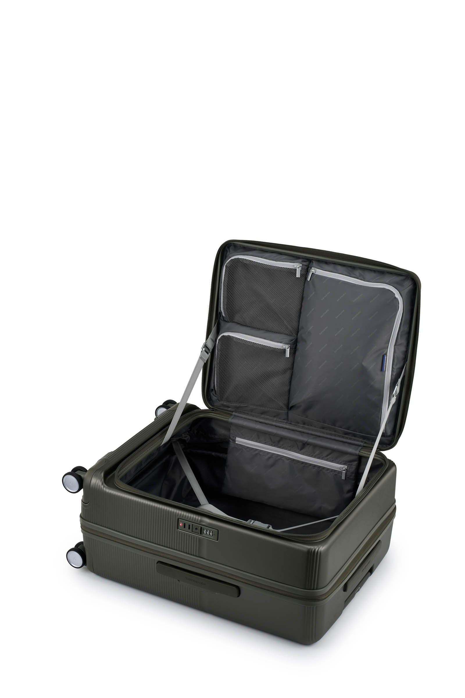 Interior view of the Samsonite Flatform Spinner Medium in Dark Moss. Shop the Latest Online