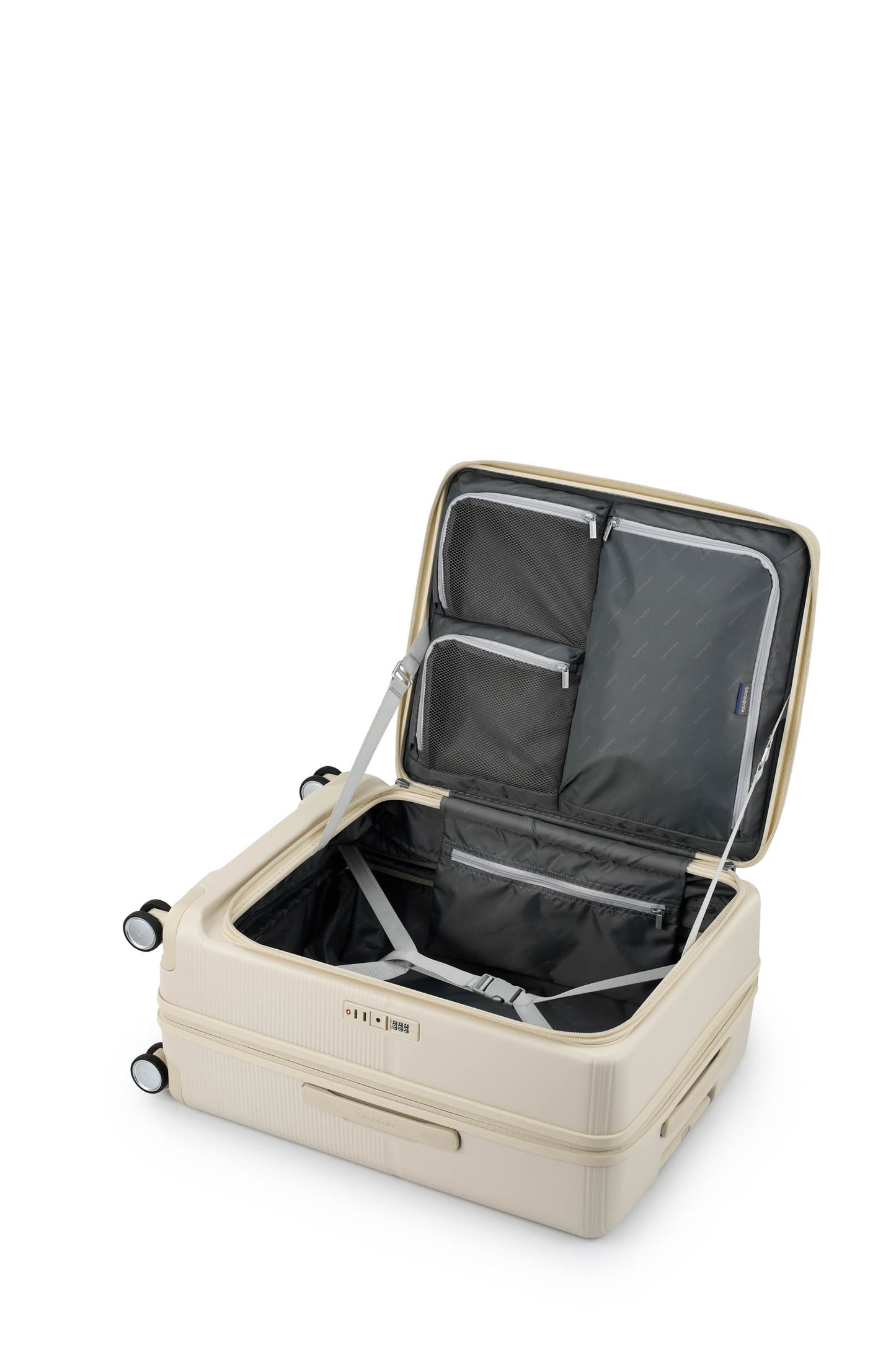 Interior view of the Samsonite Flatform Spinner Medium in Ivory. Shop the Latest Online