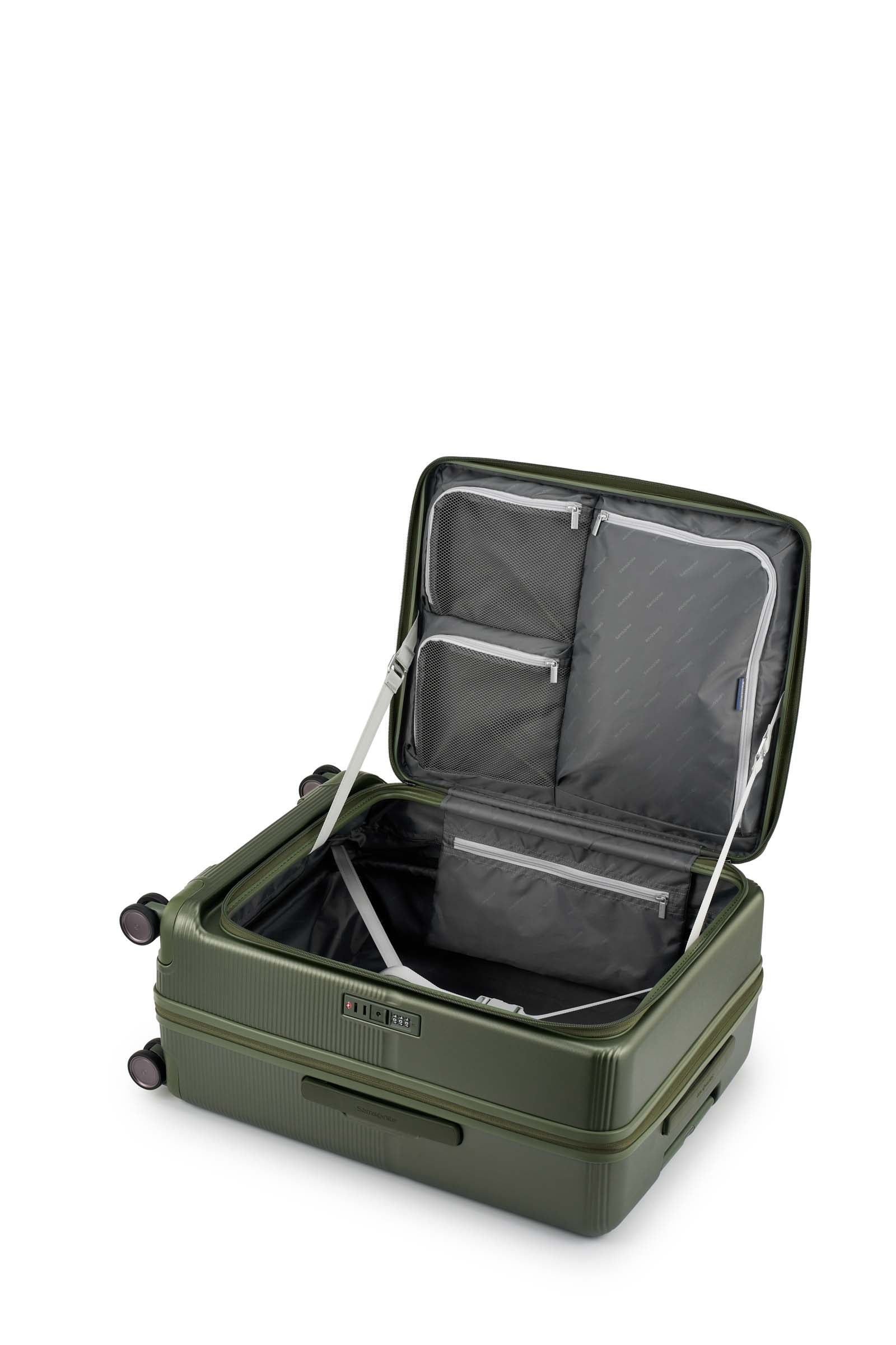 Interior view of the Samsonite Flatform Spinner Medium in Metallic Green. Shop the Latest Online