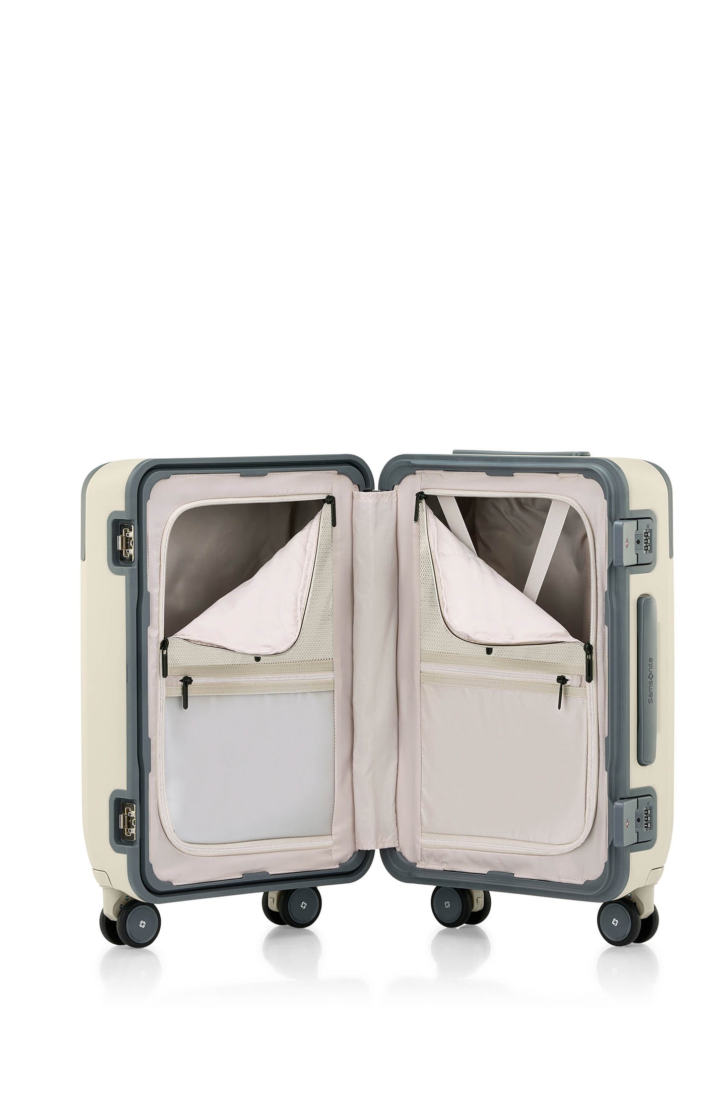 Open interior view of the Evox Spinner Cabin luggage in Beige. Shop the Collection Online.