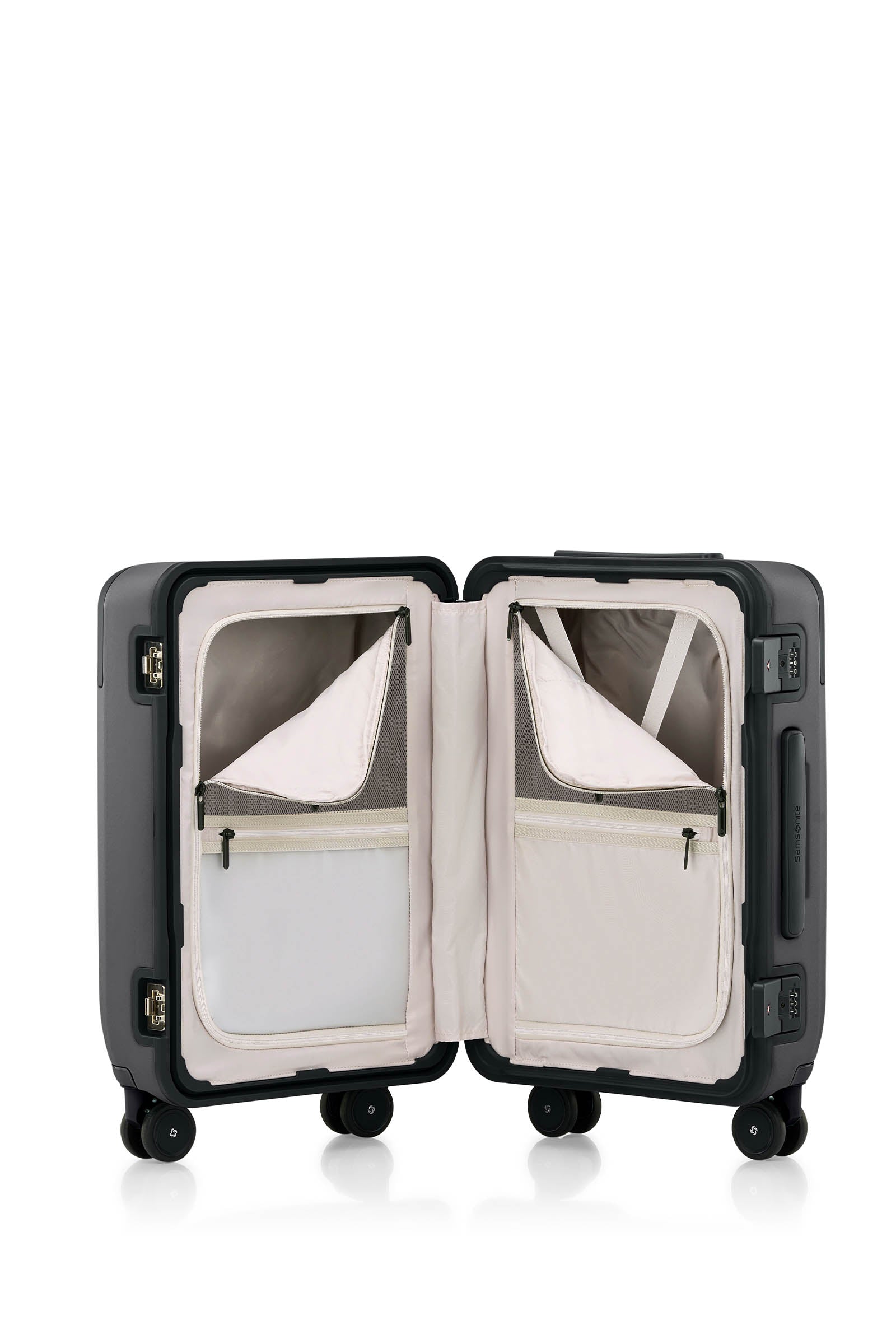 Open interior view of the Evox Spinner Cabin luggage in Graphite. Shop the Collection Online.