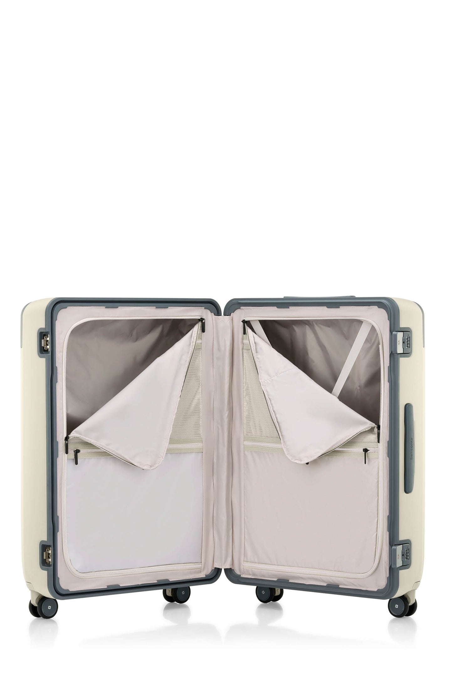 Open interior view of the Evox Spinner Large luggage in Beige. Shop the Collection Online.