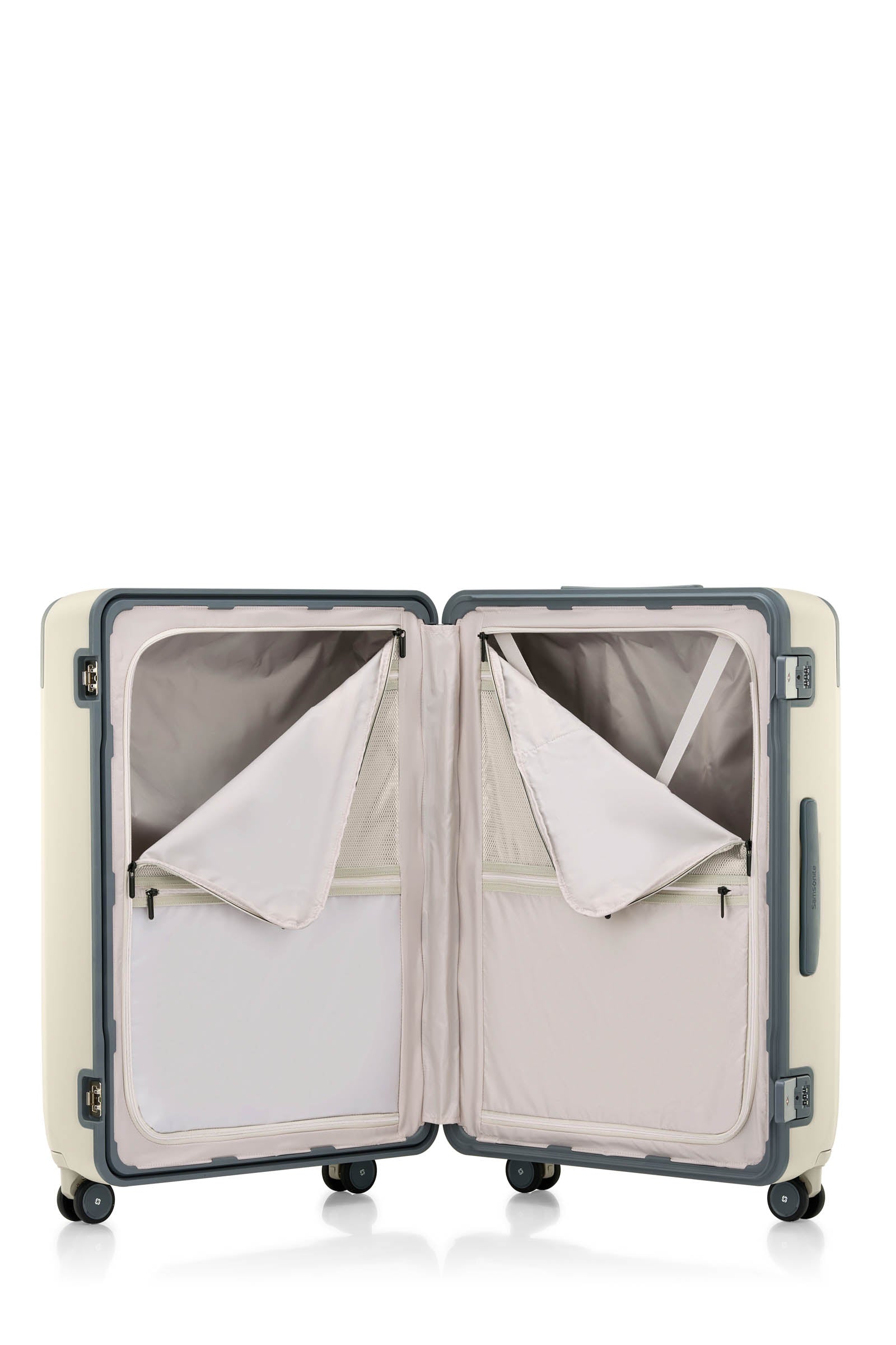 Open interior view of the Evox Spinner Large luggage in Beige. Shop the Collection Online.