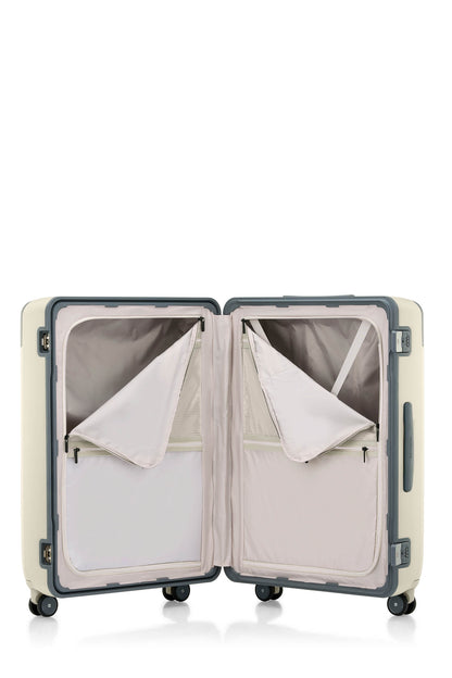 Open interior view of the Evox Spinner Large luggage in Beige. Shop the Collection Online.