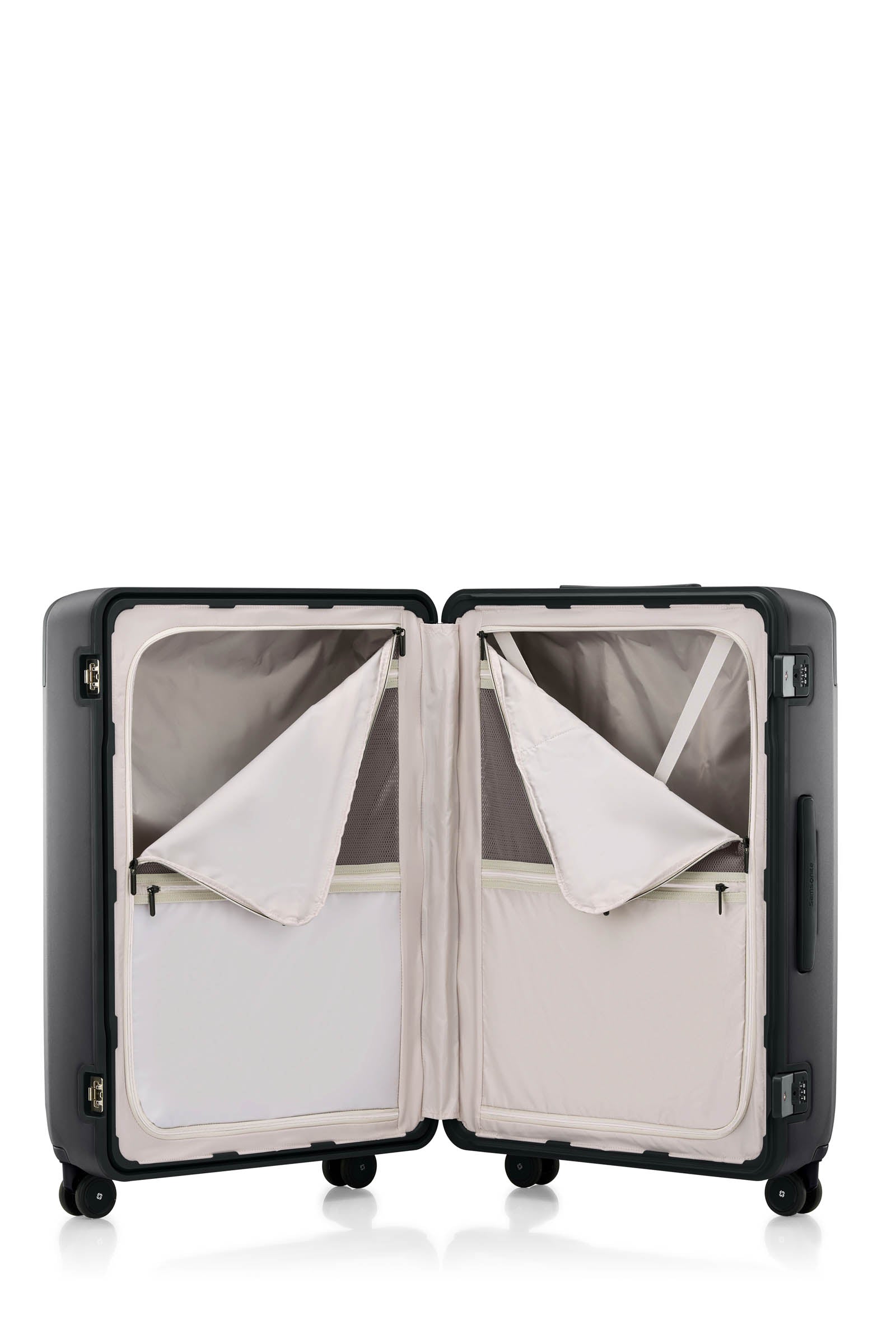 Open interior view of the Evox Spinner Large luggage in Graphite. Shop the Collection Online.
