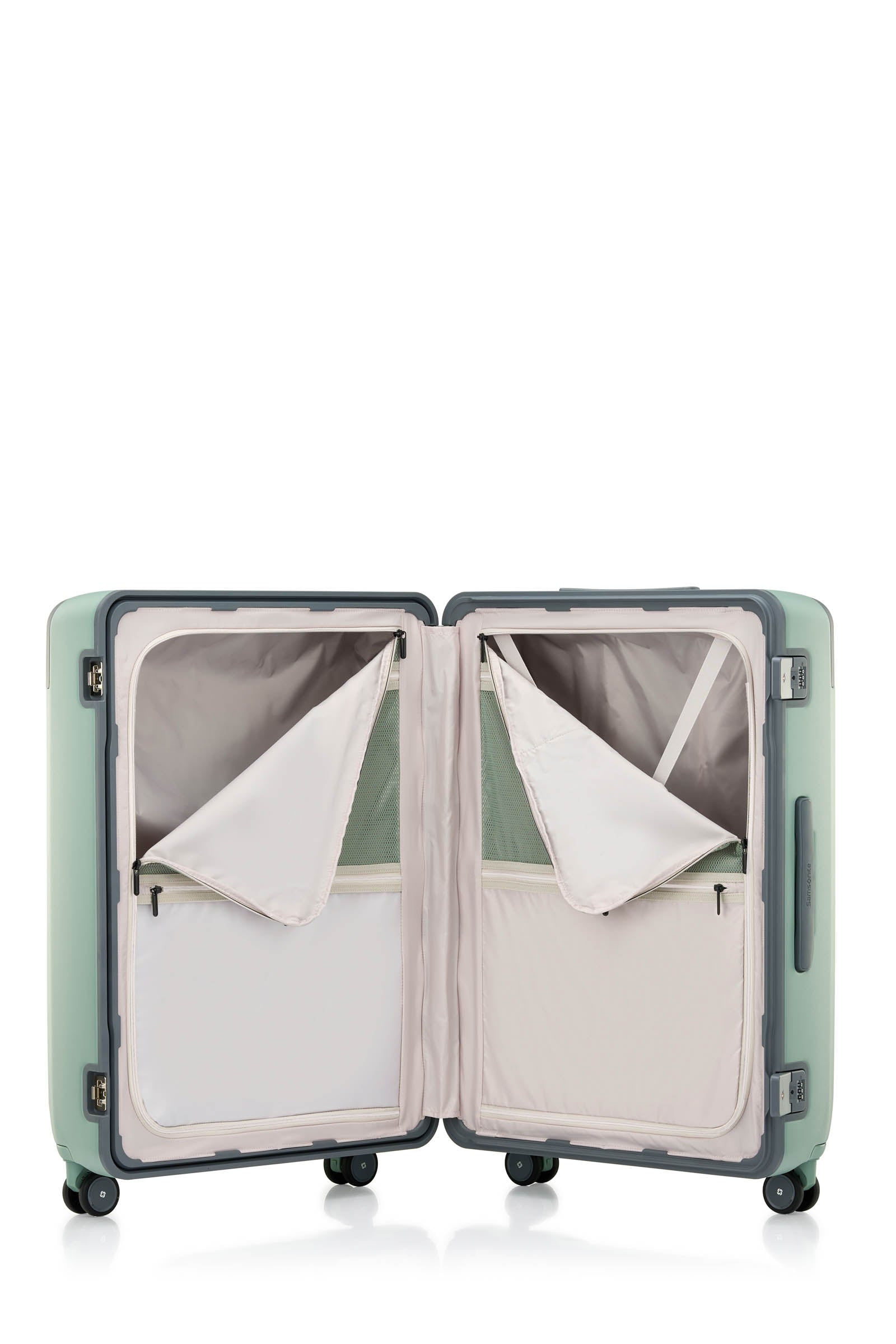 Open interior view of the Evox Spinner Large luggage in Mint. Shop the Collection Online.