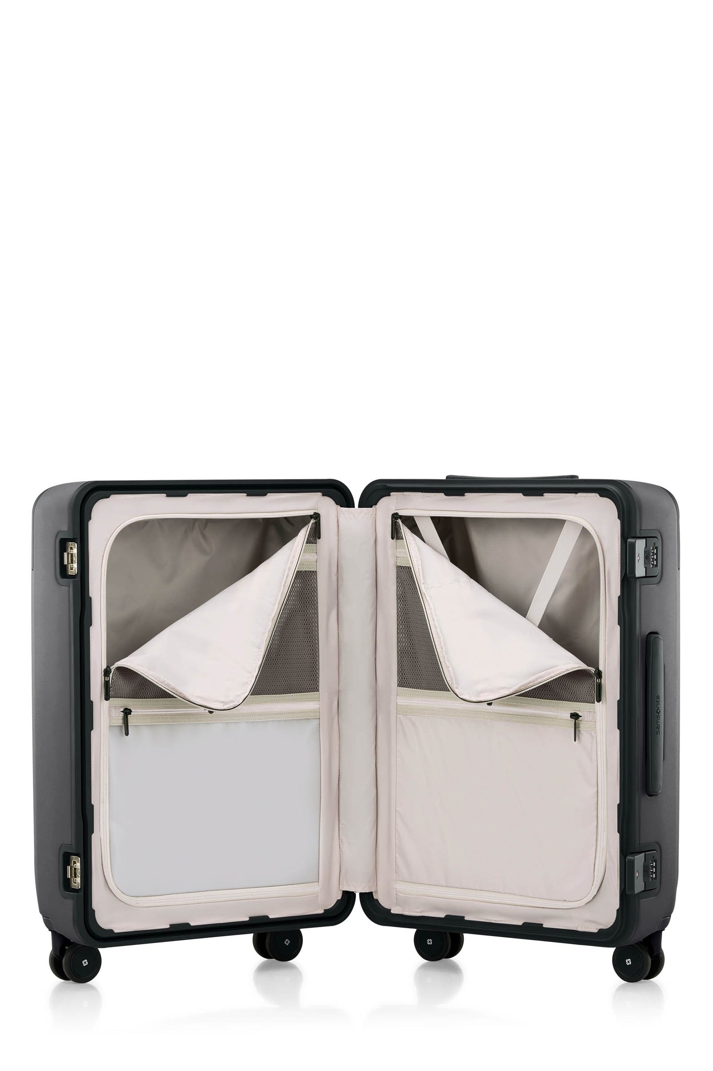 Open interior view of the Evox Spinner Medium luggage in Graphite. Shop the Collection Online.