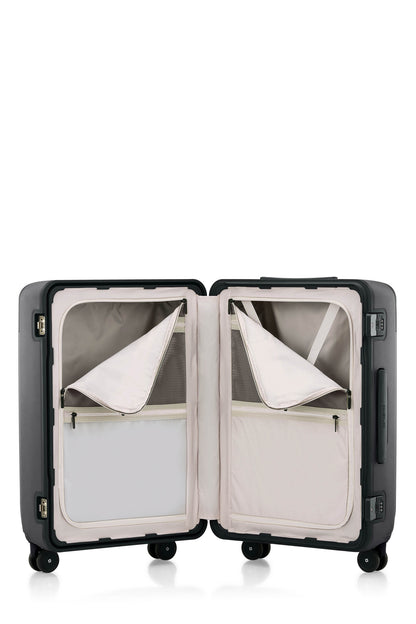 Open interior view of the Evox Spinner Medium luggage in Graphite. Shop the Collection Online.