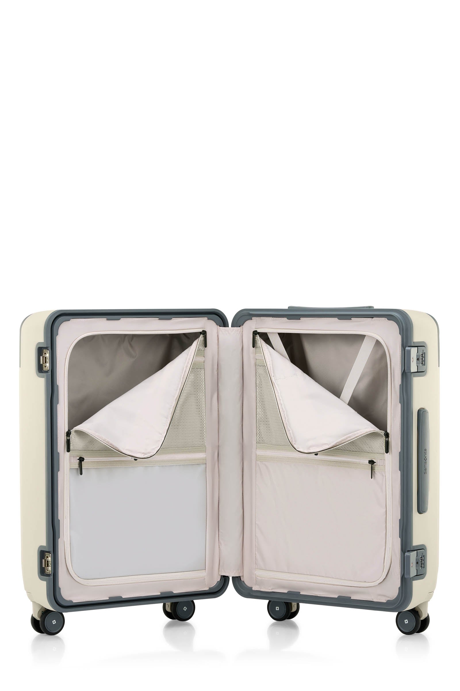 Opened Interior view of the Evox Spinner Medium luggage in Beige. Shop the Collection Online.