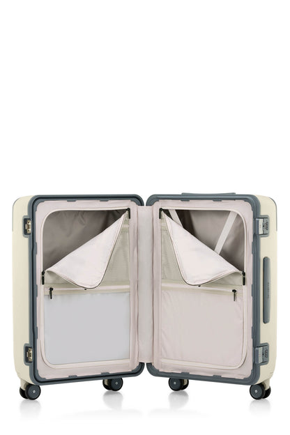 Opened Interior view of the Evox Spinner Medium luggage in Beige. Shop the Collection Online.