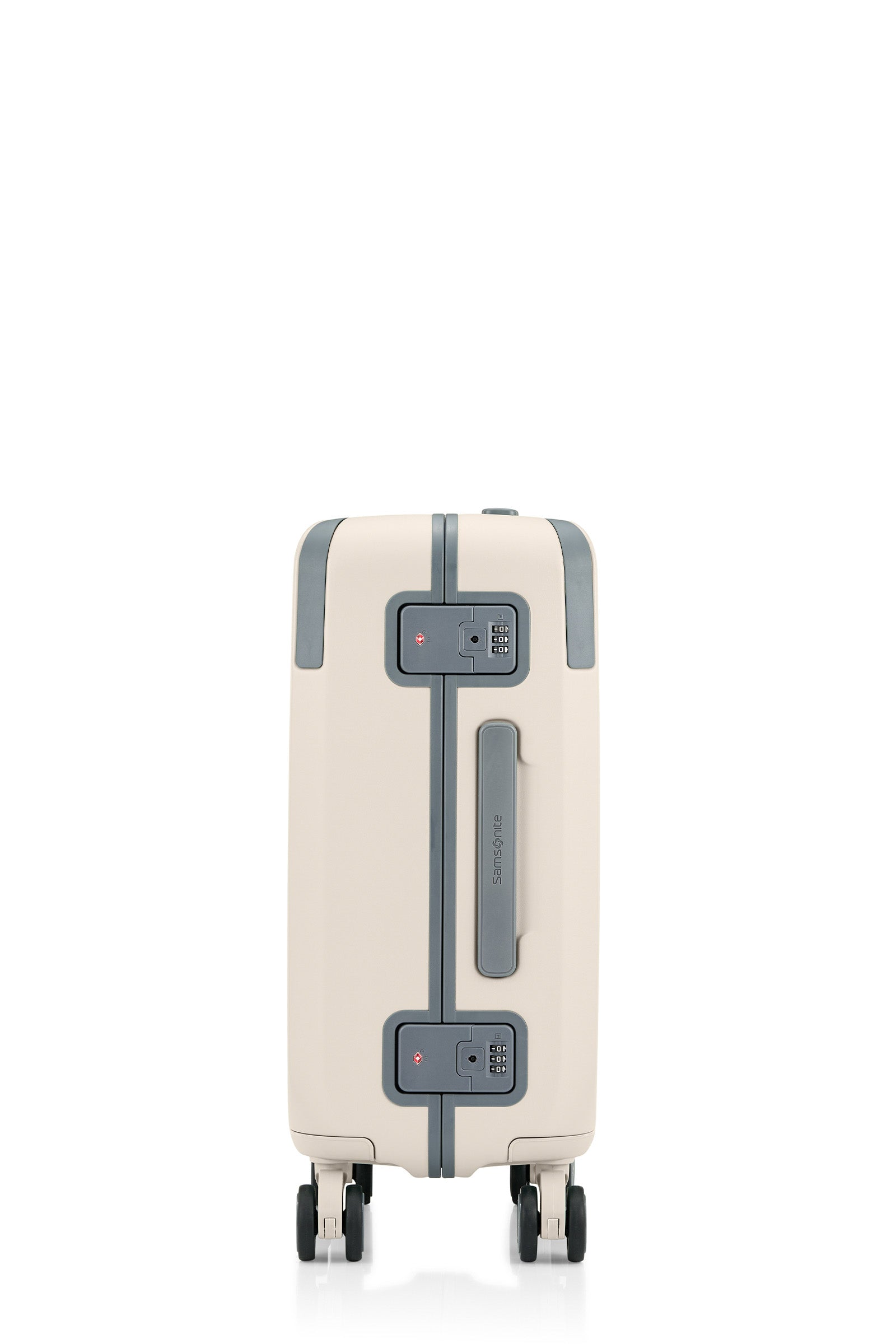 Other Side view of the Evox Spinner Cabin luggage in Beige. Shop the Collection Online.