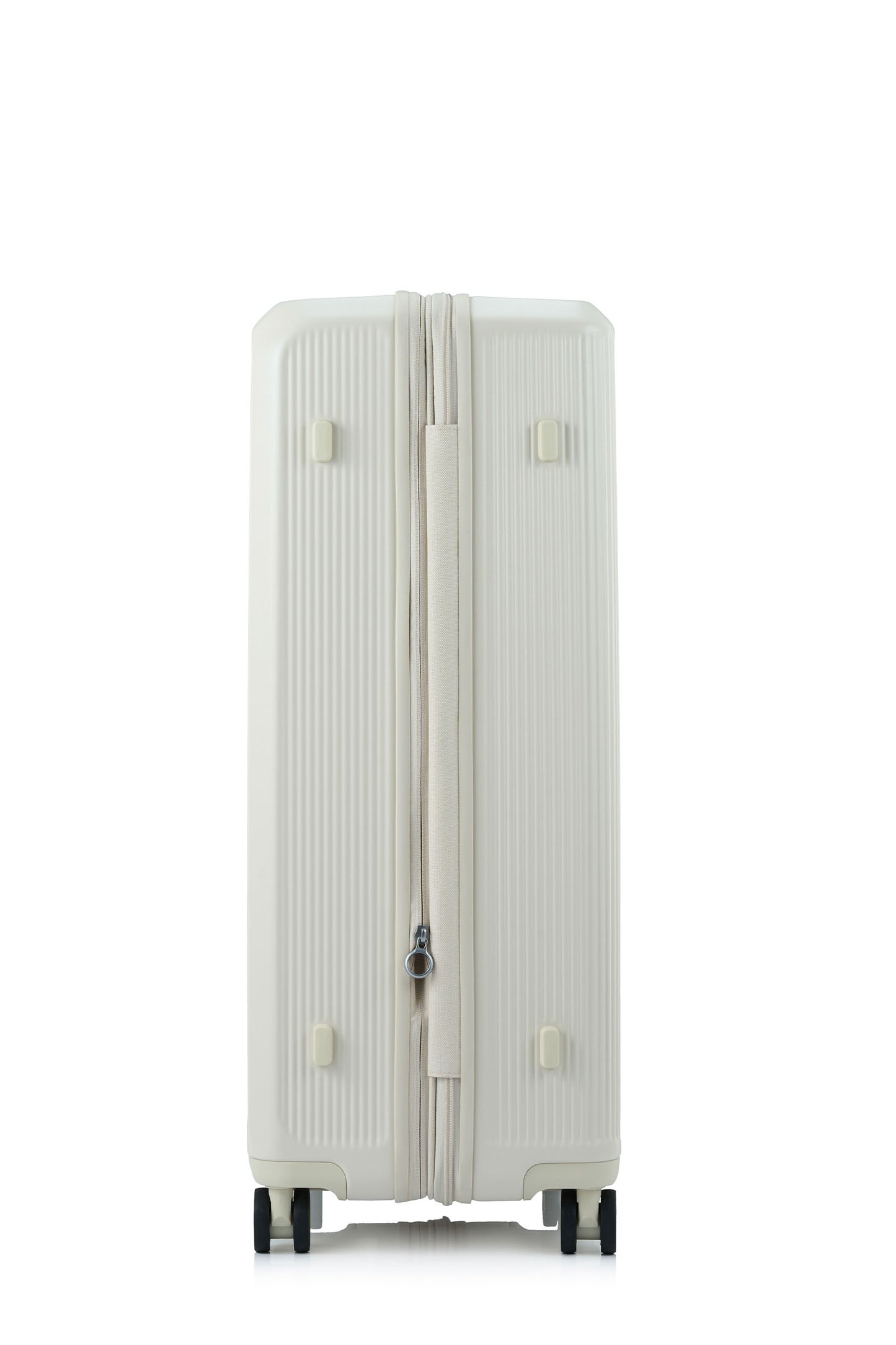 Other side view of the Samsonite Voypod Spinner Large in Ivory, highlighting the elegant off-white hardshell and the seamless front-access pocket design. Shop Now Online