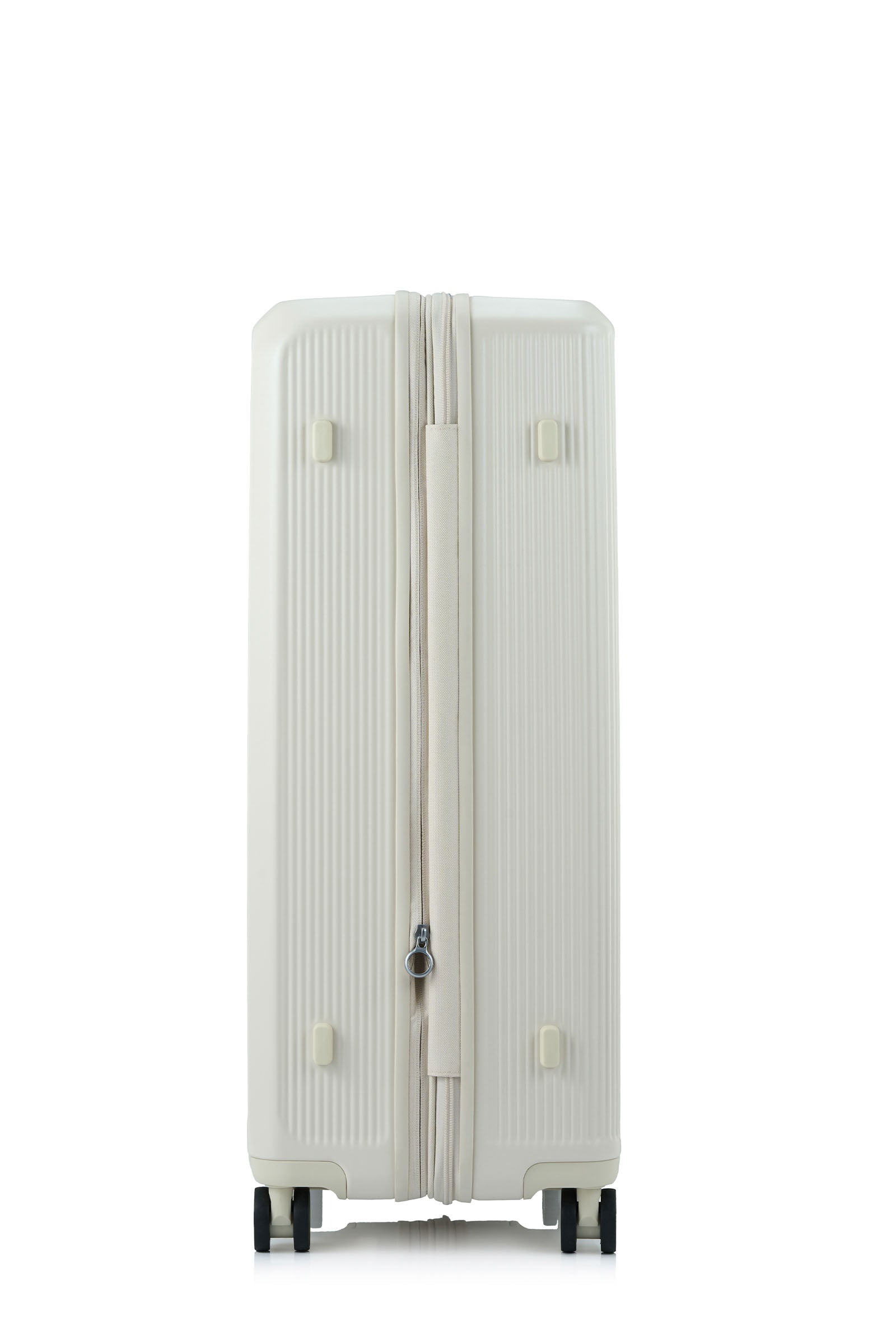 Other side view of the Samsonite Voypod Spinner Large in Ivory, highlighting the elegant off-white hardshell and the seamless front-access pocket design. Shop Now Online
