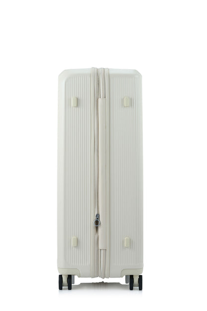 Other side view of the Samsonite Voypod Spinner Large in Ivory, highlighting the elegant off-white hardshell and the seamless front-access pocket design. Shop Now Online