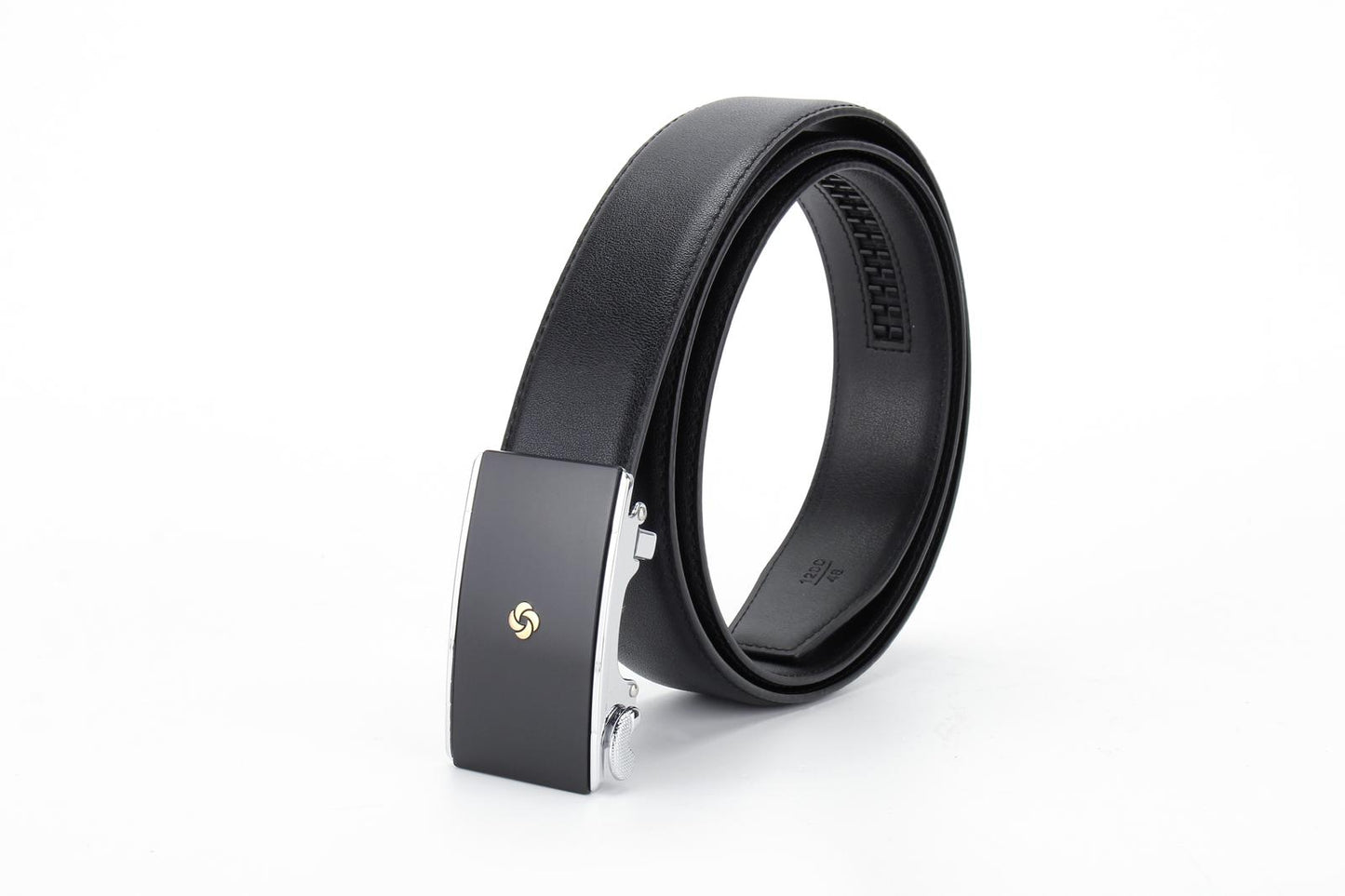 Rolled up view of the AAMIR Basic Auto Golden Logo Belt in Black. Shop Online Today.