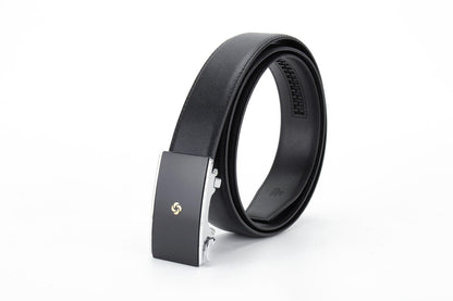 Rolled up view of the AAMIR Basic Auto Golden Logo Belt in Black. Shop Online Today.