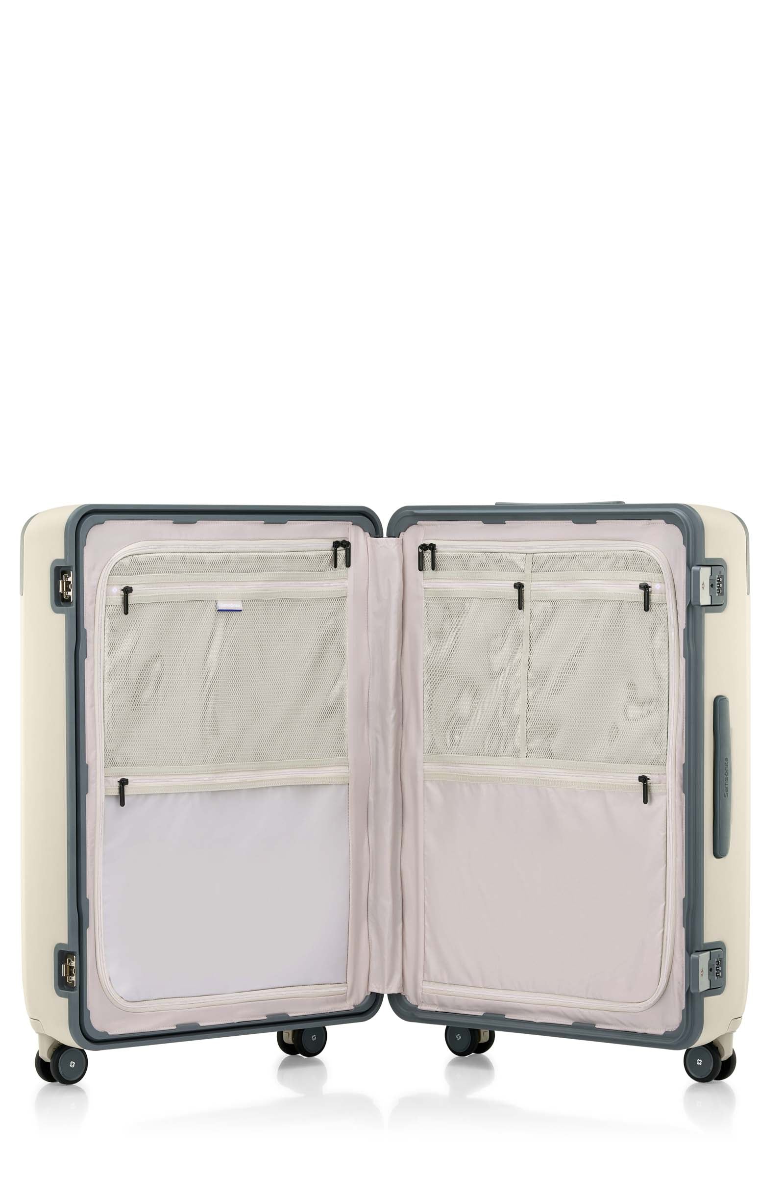 Second interior view of the Evox Spinner Large luggage in Beige. Shop the Collection Online.