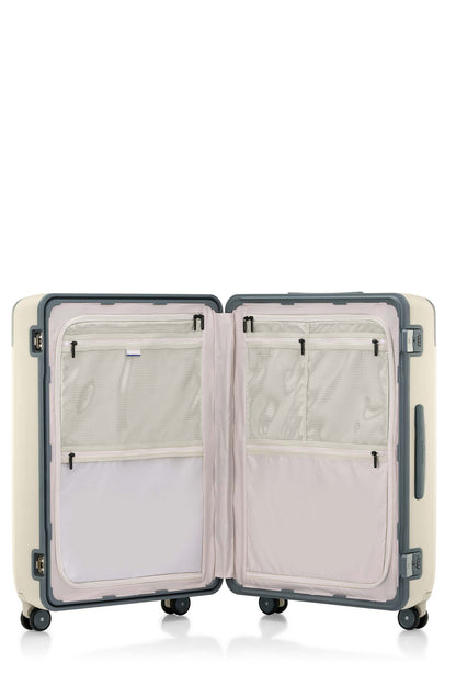 Second interior view of the Evox Spinner Large luggage in Beige. Shop the Collection Online.