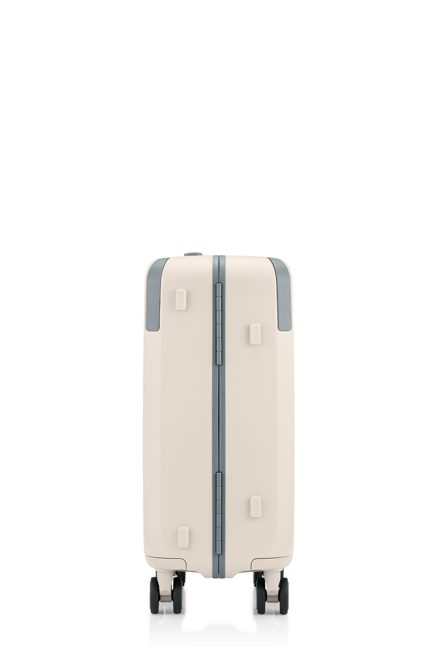Side view of the Evox Spinner Cabin luggage in Beige. Shop the Collection Online.