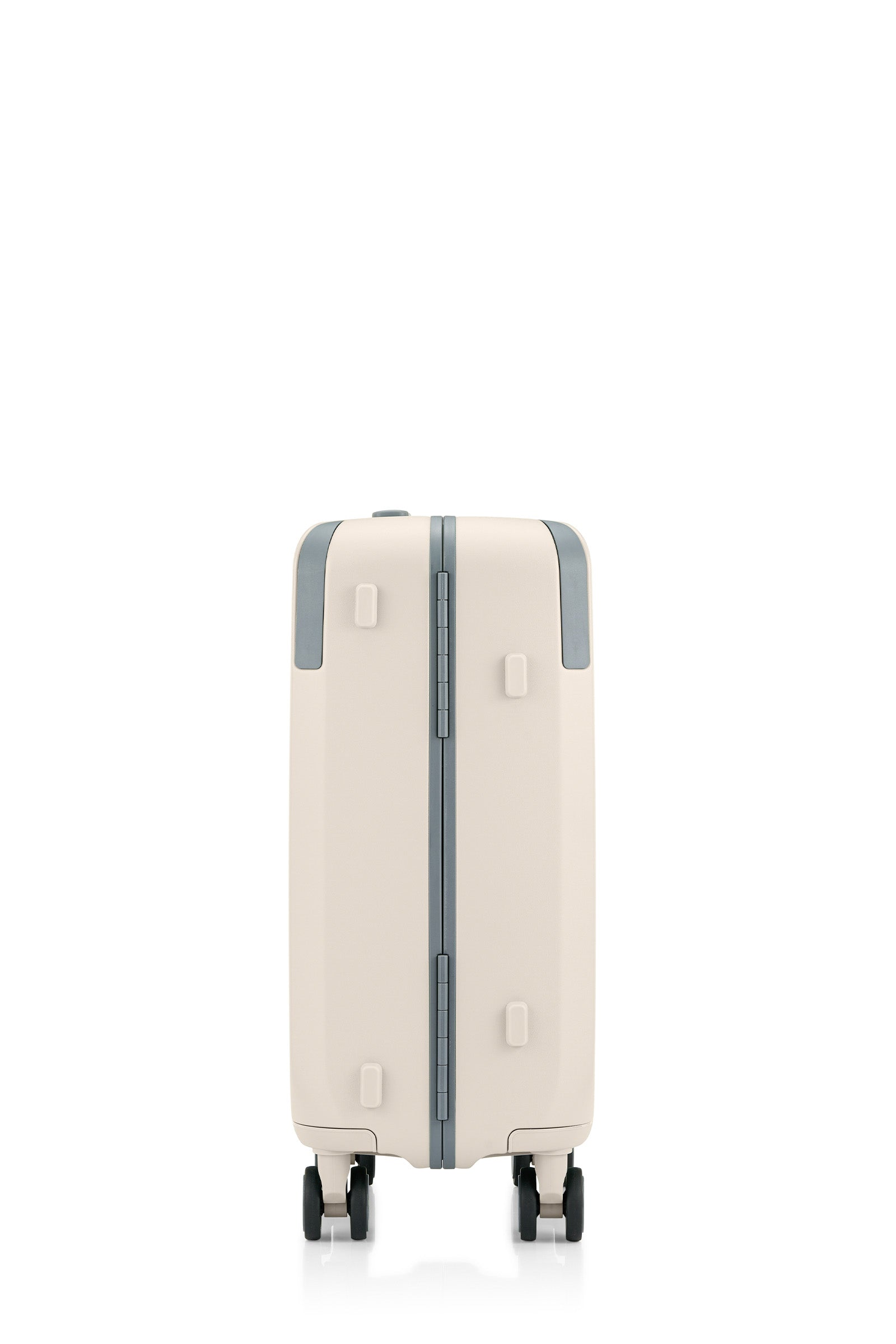 Side view of the Evox Spinner Cabin luggage in Beige. Shop the Collection Online.