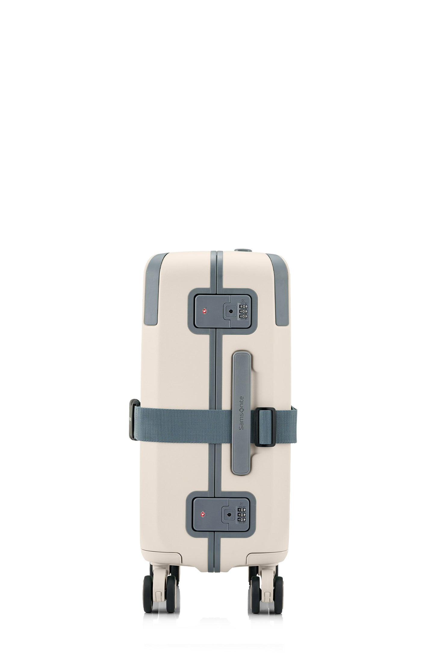 Side view of the Evox Spinner Cabin luggage in Beige strapped. Shop the Collection Online.