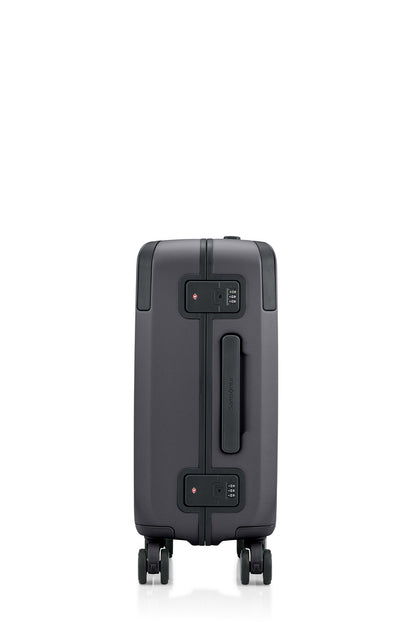 Side view of the Evox Spinner Cabin luggage in Graphite. Shop the Collection Online.