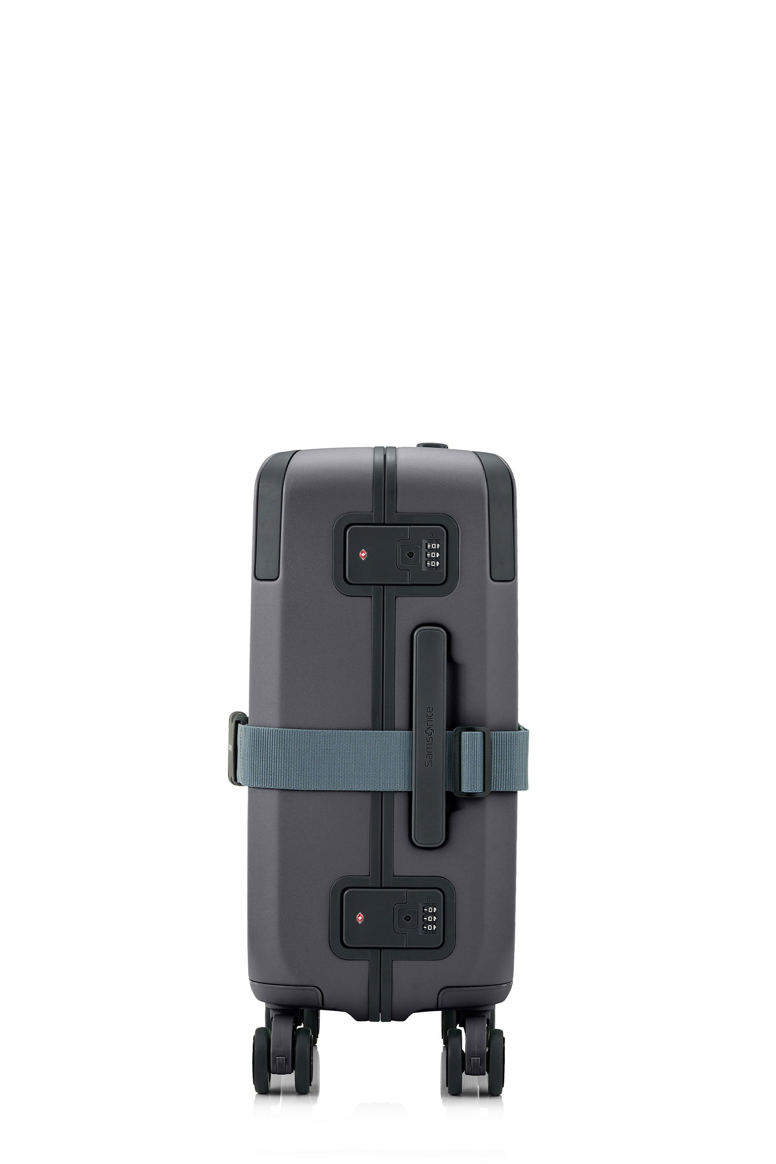 Side view of the Evox Spinner Cabin luggage in Graphite strapped. Shop the Collection Online.