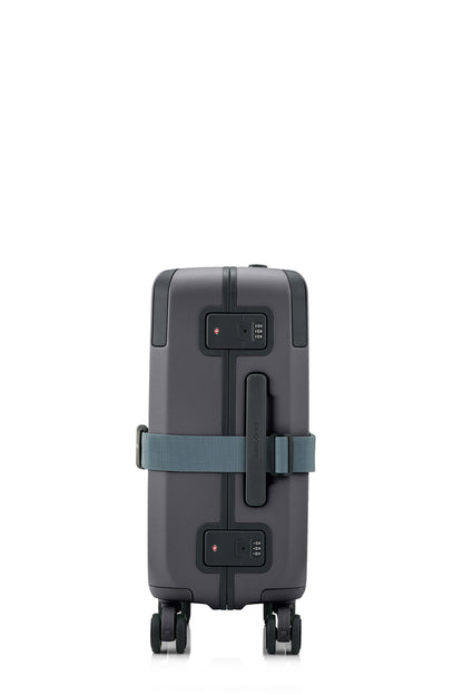 Side view of the Evox Spinner Cabin luggage in Graphite strapped. Shop the Collection Online.