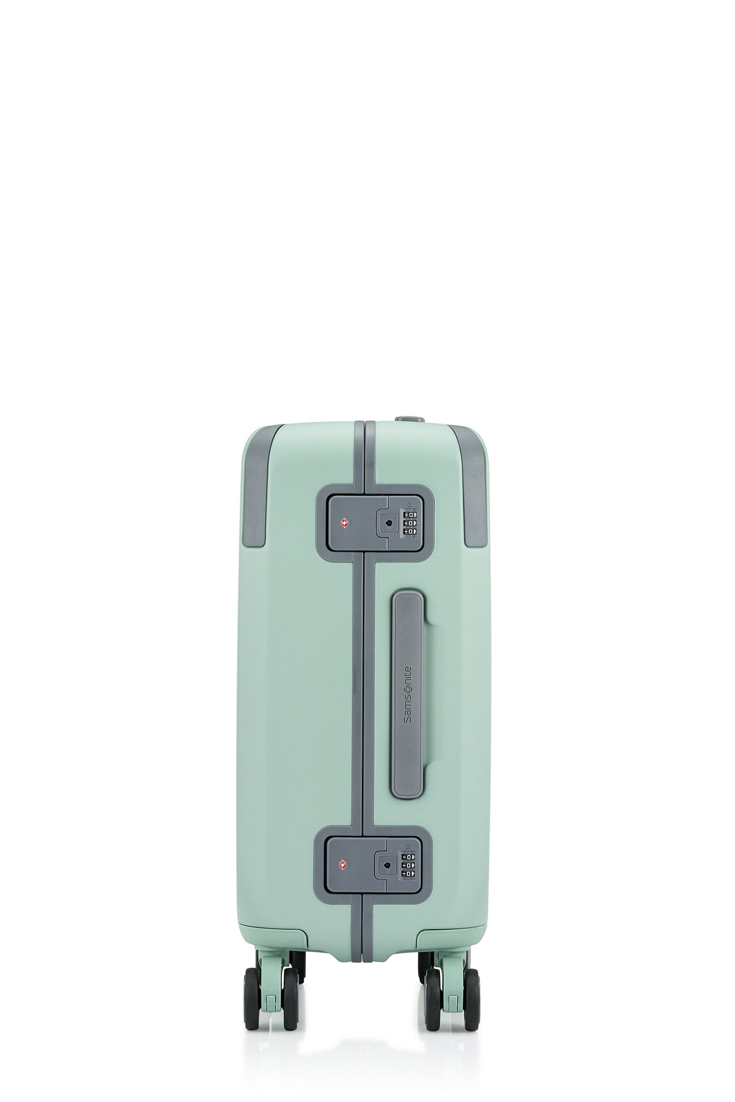Side view of the Evox Spinner Cabin luggage in Mint. Shop the Collection Online.