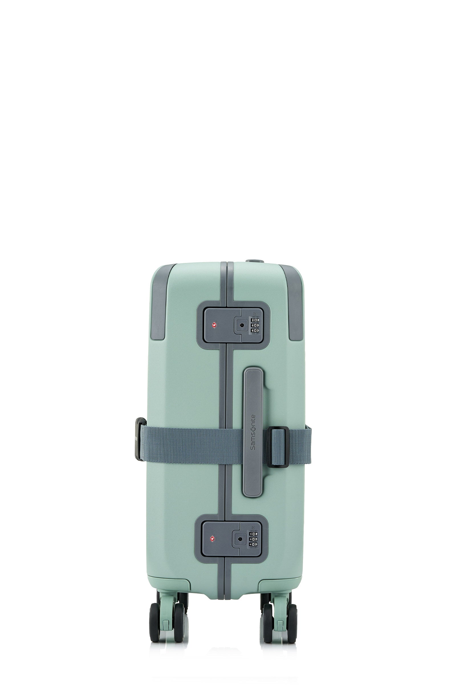 Side view of the Evox Spinner Cabin luggage in Mint strapped. Shop the Collection Online.