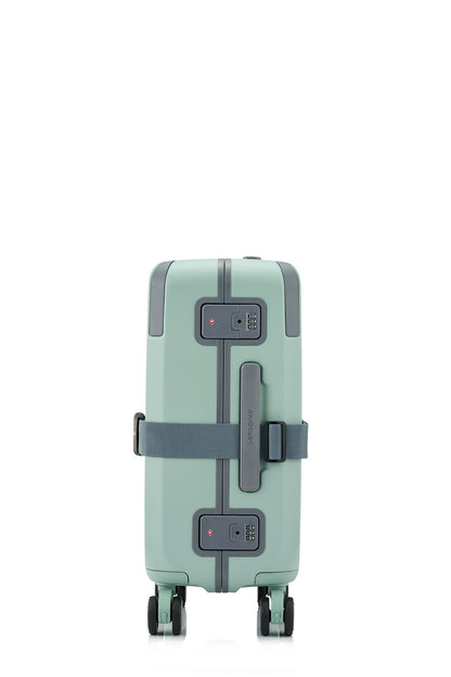Side view of the Evox Spinner Cabin luggage in Mint strapped. Shop the Collection Online.