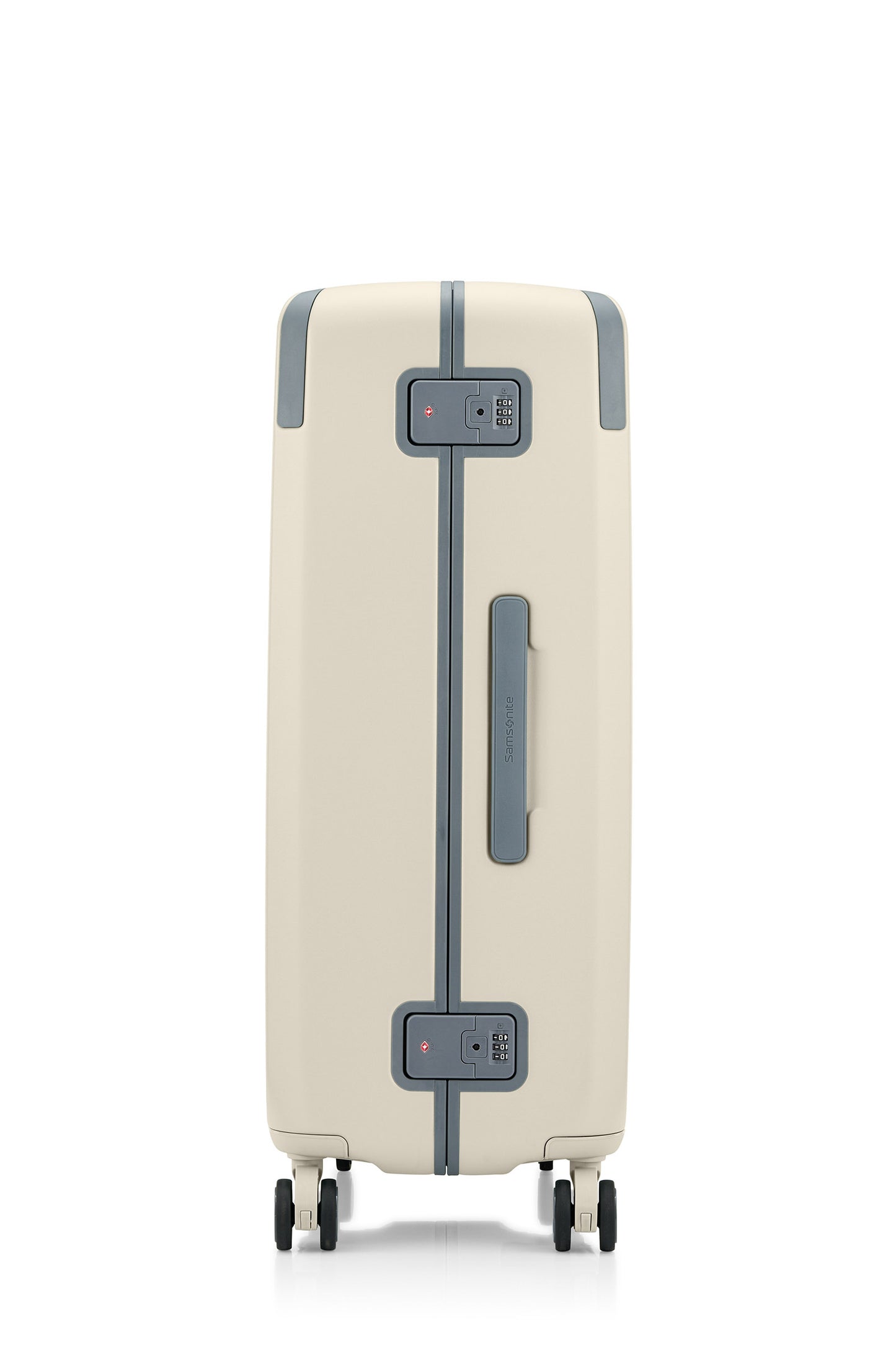 Side view of the Evox Spinner Large luggage in Beige. Shop the Collection Online.