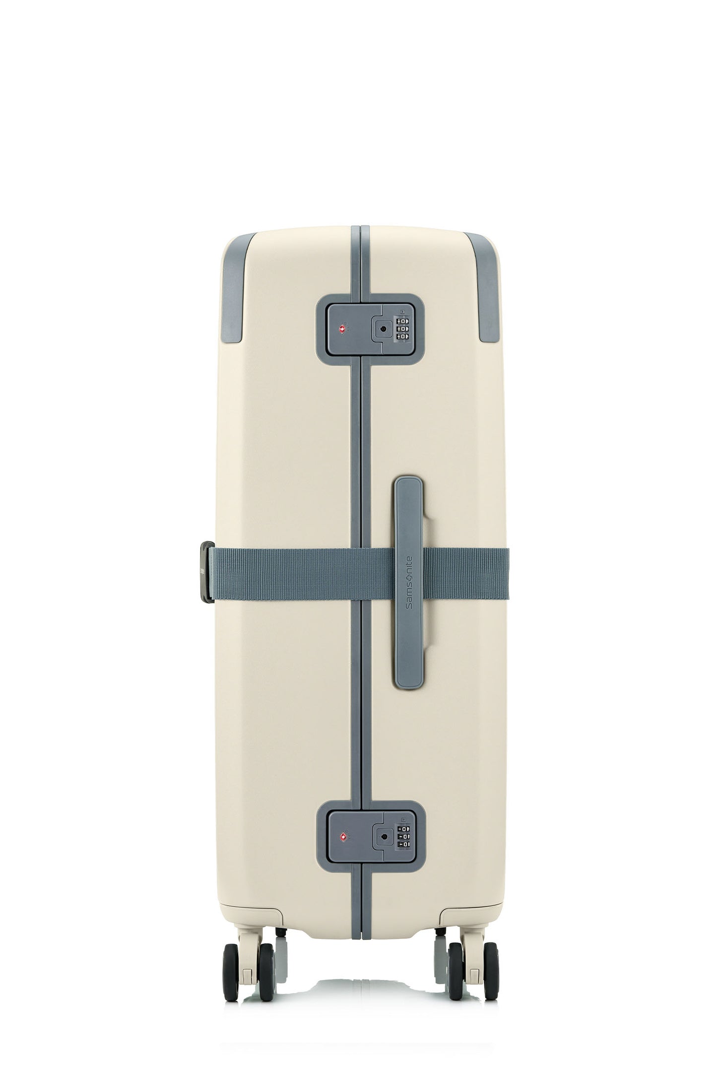 Side view of the Evox Spinner Large luggage in Beige strapped. Shop the Collection Online.