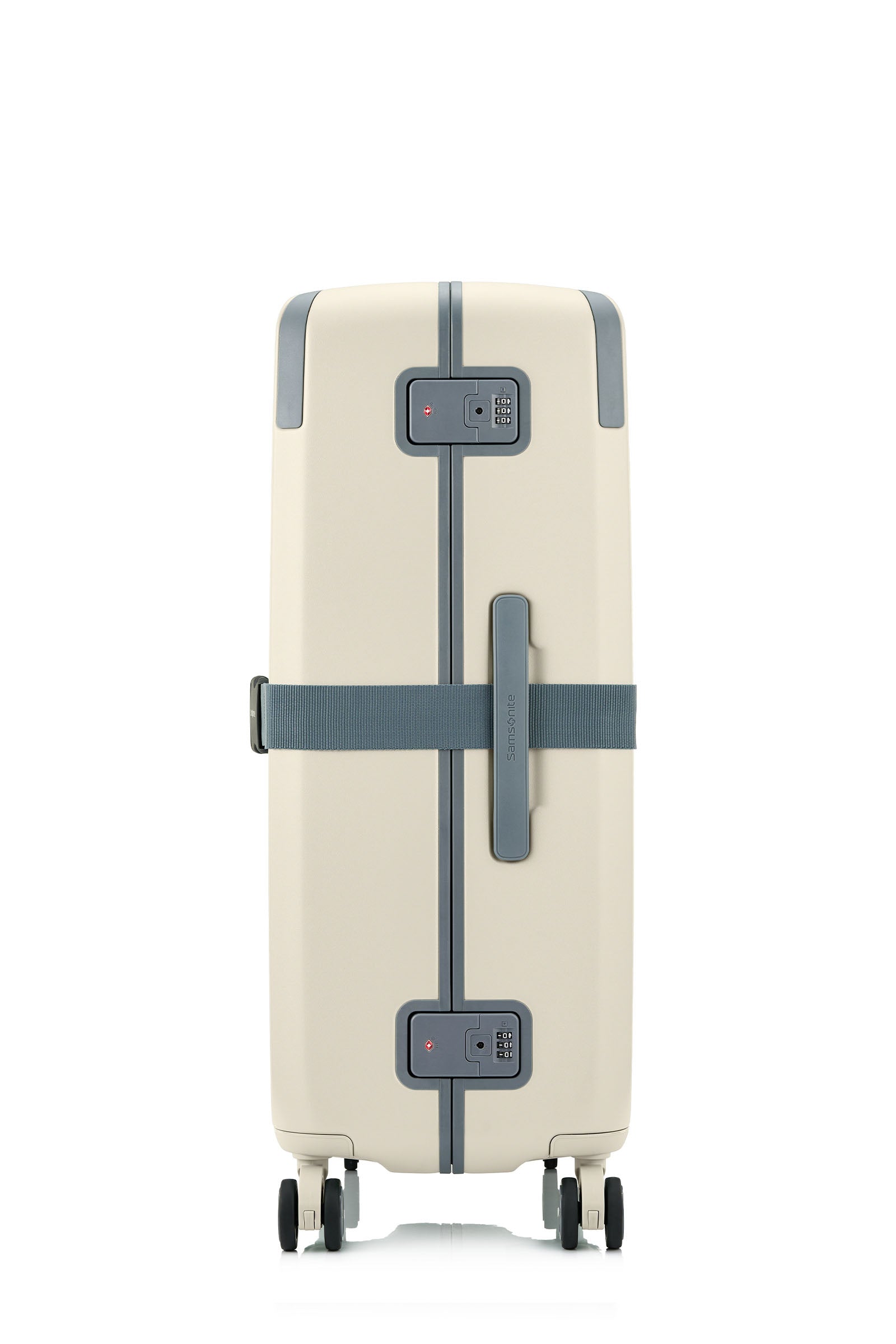 Side view of the Evox Spinner Large luggage in Beige strapped. Shop the Collection Online.