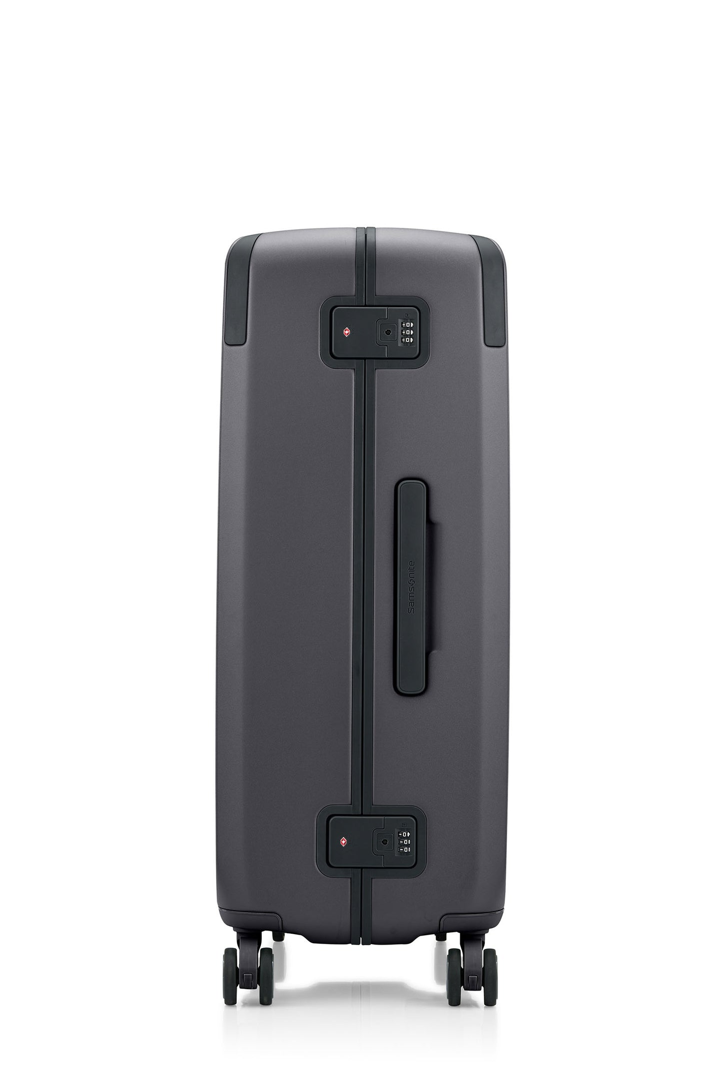 Side view of the Evox Spinner Large luggage in Graphite. Shop the Collection Online.