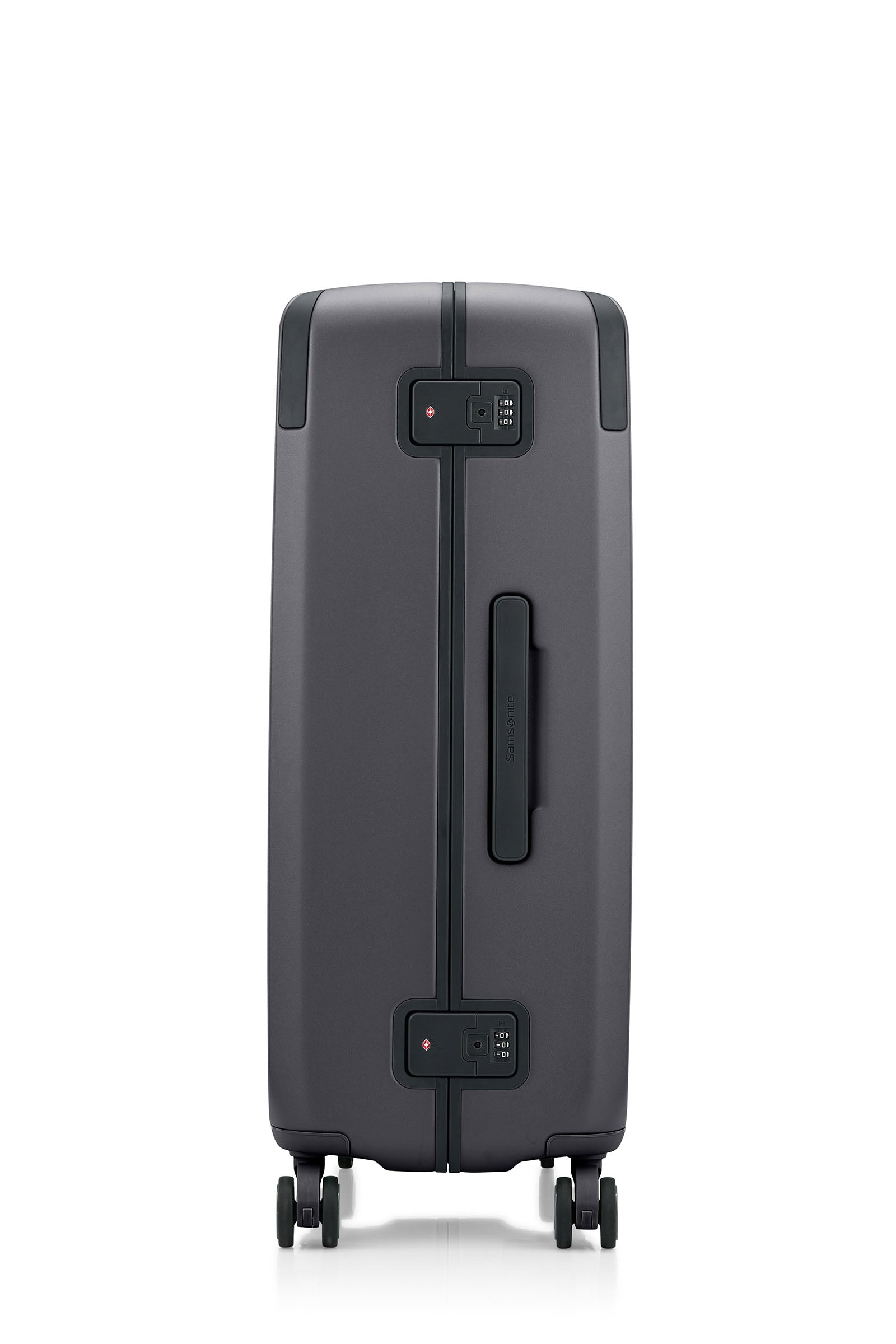 Side view of the Evox Spinner Large luggage in Graphite. Shop the Collection Online.