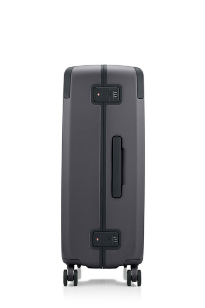 Side view of the Evox Spinner Large luggage in Graphite. Shop the Collection Online.