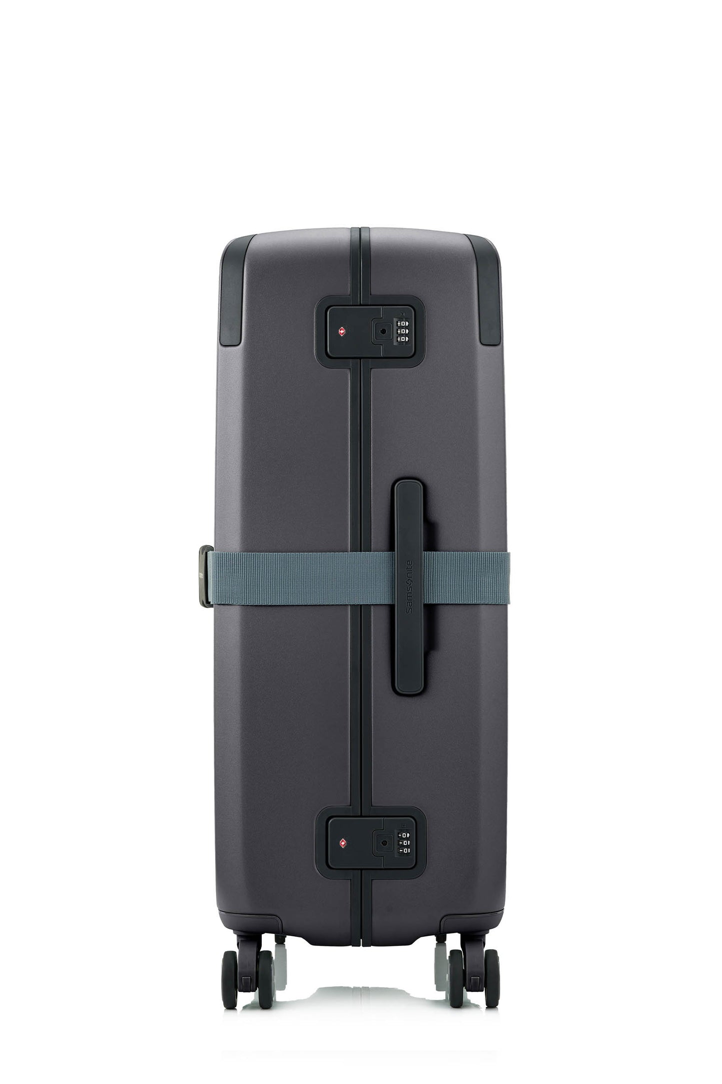 Side view of the Evox Spinner Large luggage in Graphite strapped. Shop the Collection Online.
