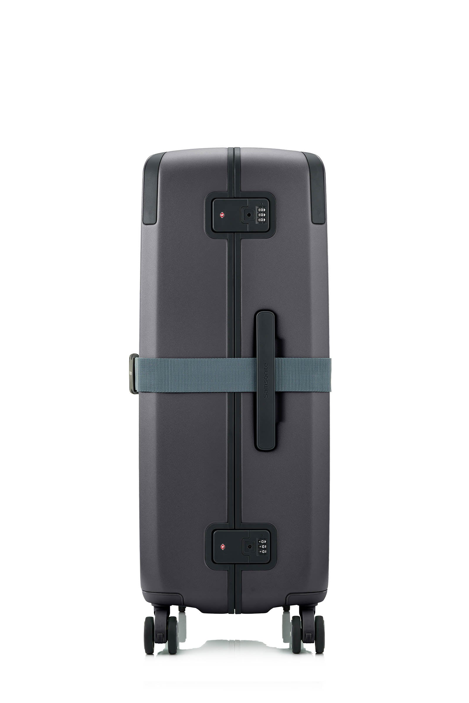 Side view of the Evox Spinner Large luggage in Graphite strapped. Shop the Collection Online.