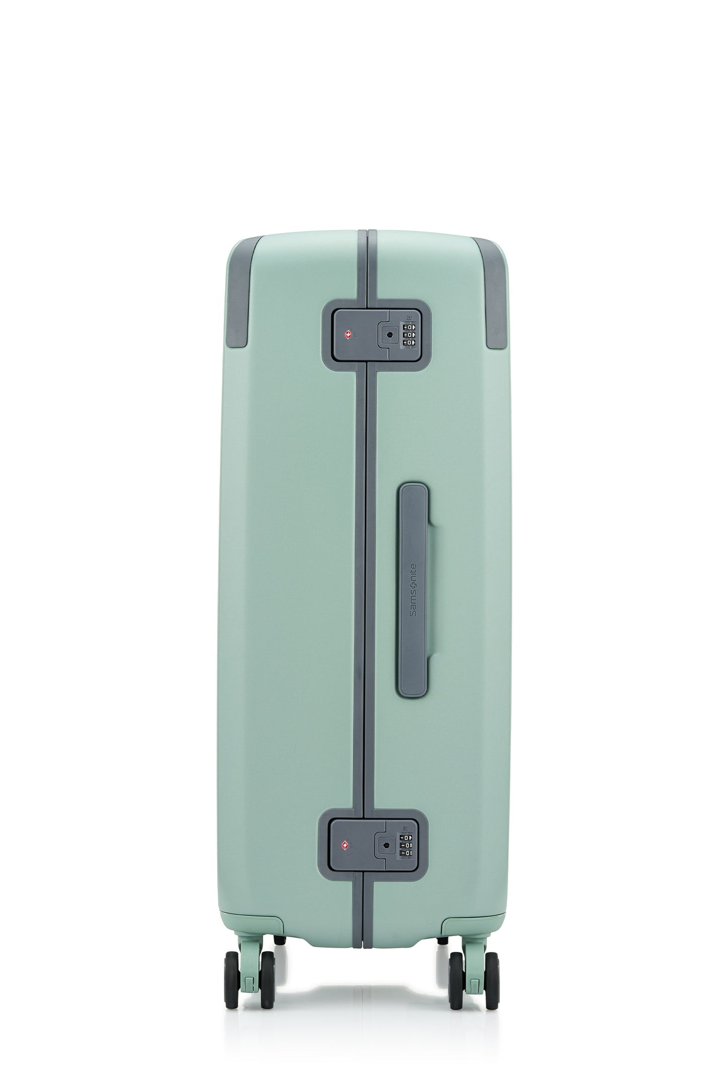 Side view of the Evox Spinner Large luggage in Mint. Shop the Collection Online.