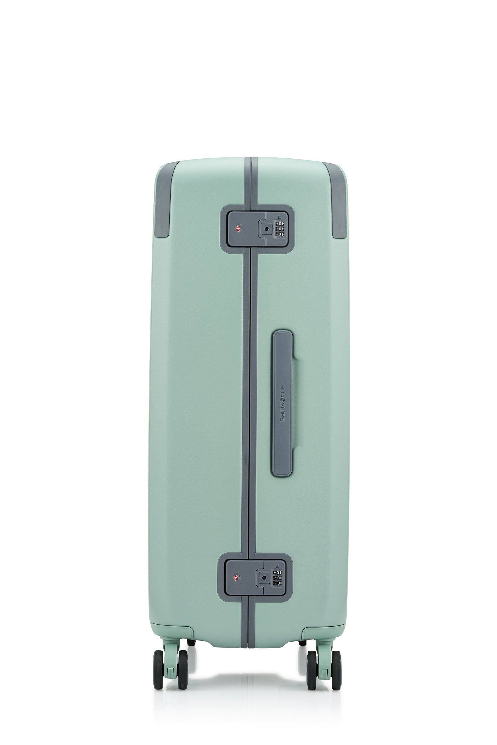 Side view of the Evox Spinner Large luggage in Mint. Shop the Collection Online.