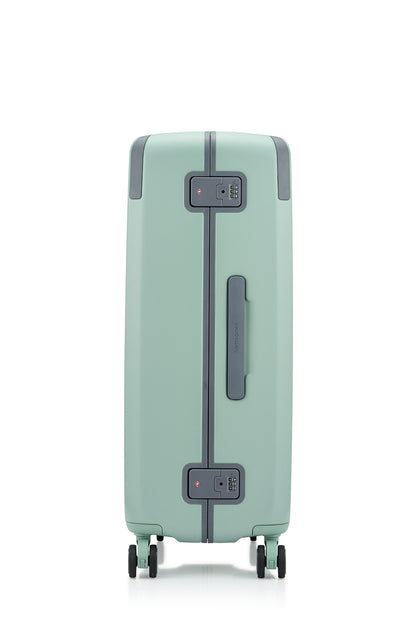 Side view of the Evox Spinner Large luggage in Mint. Shop the Collection Online.