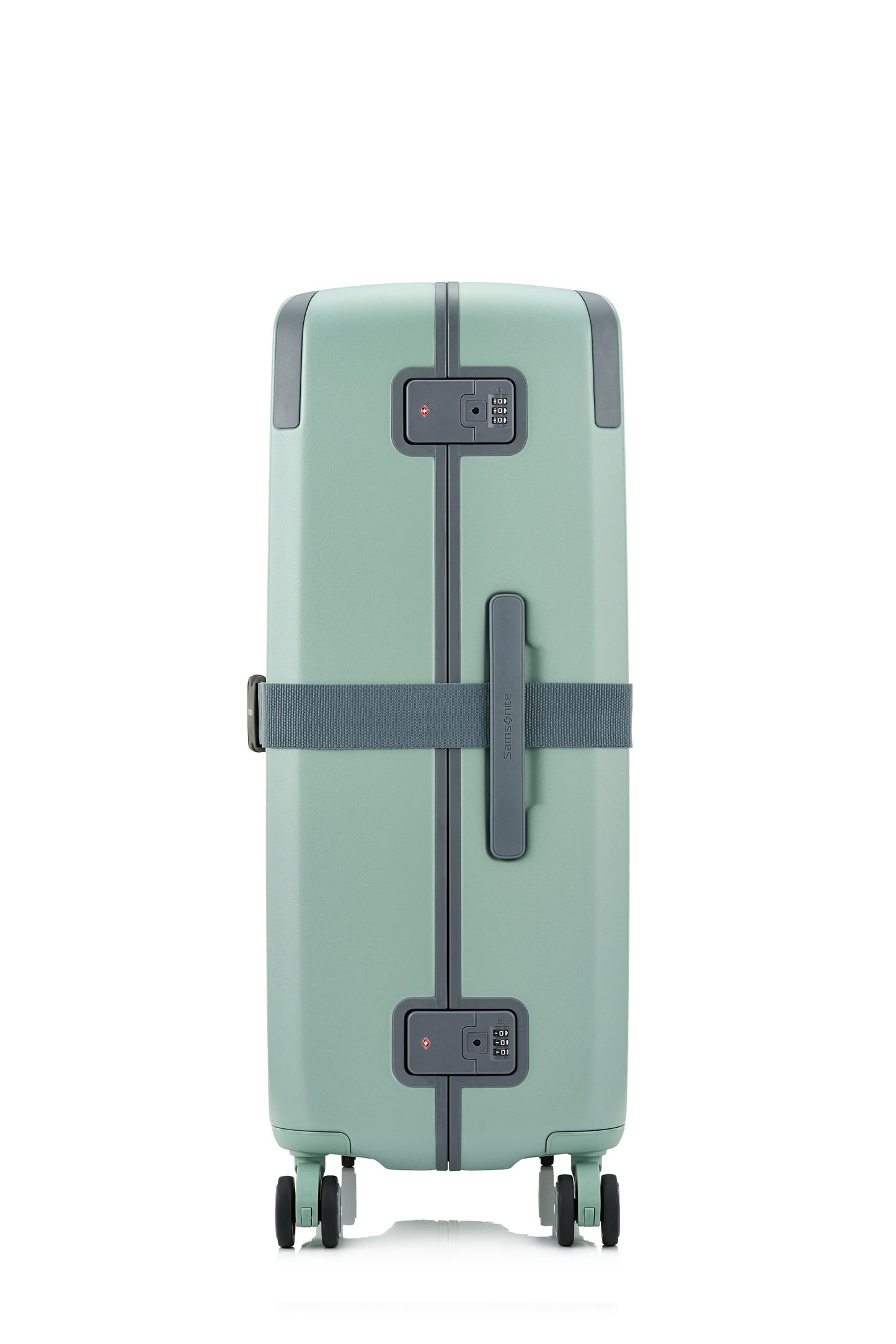 Side view of the Evox Spinner Large luggage in Mint strapped. Shop the Collection Online.
