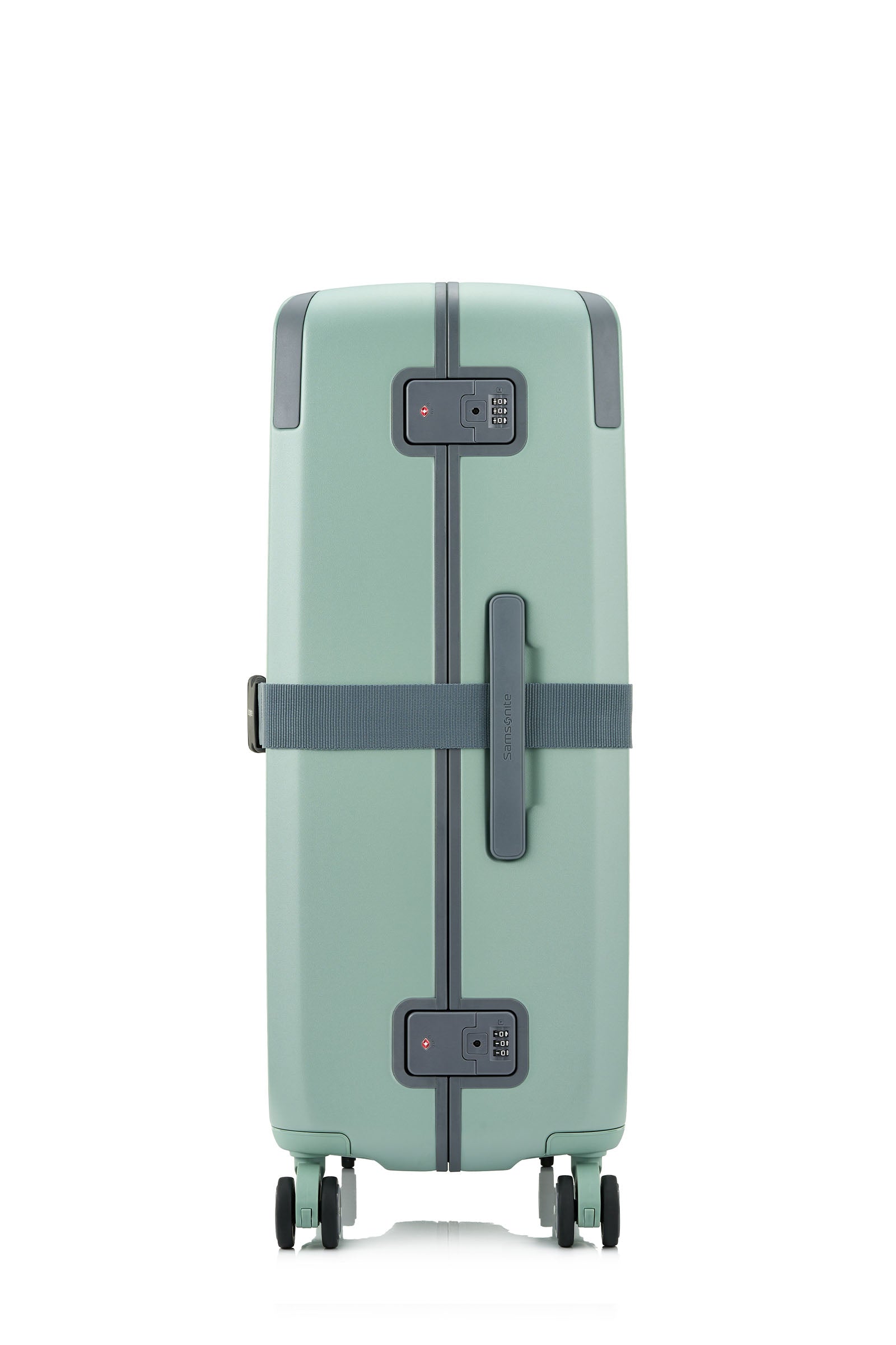 Side view of the Evox Spinner Large luggage in Mint strapped. Shop the Collection Online.