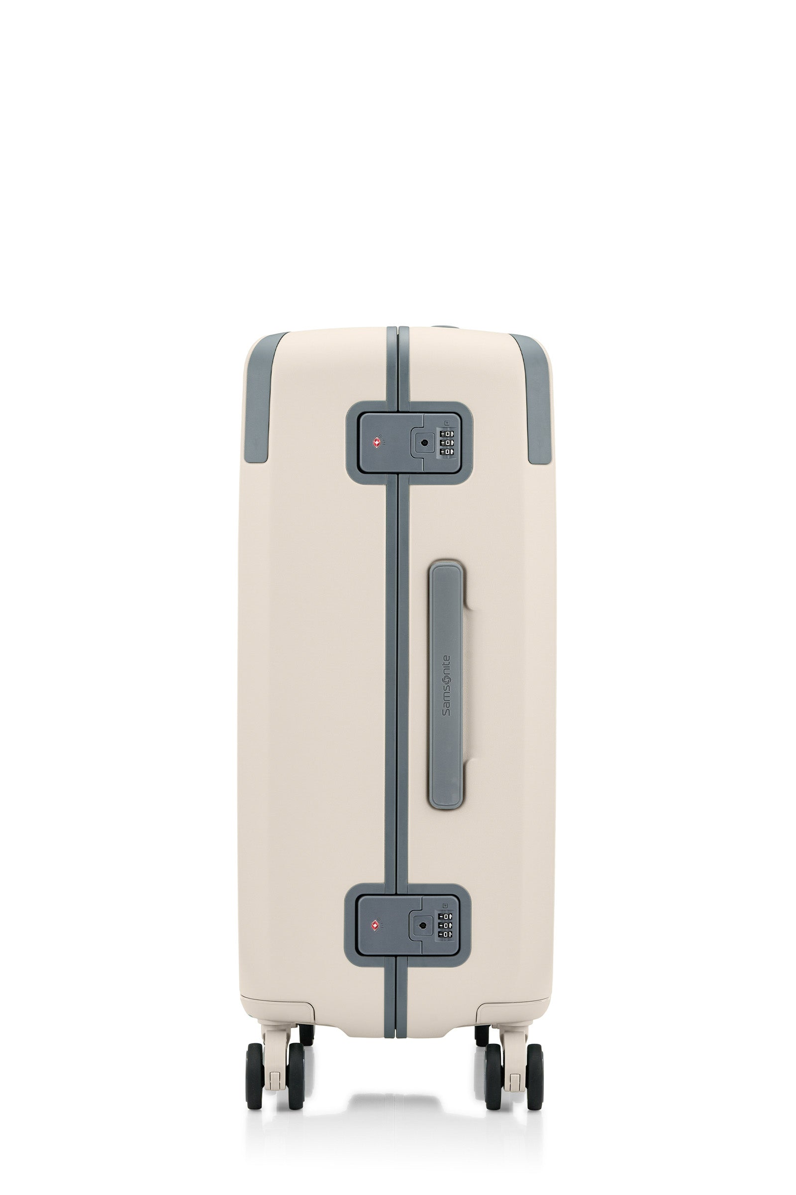 Side view of the Evox Spinner Medium luggage in Beige. Shop the Collection Online.